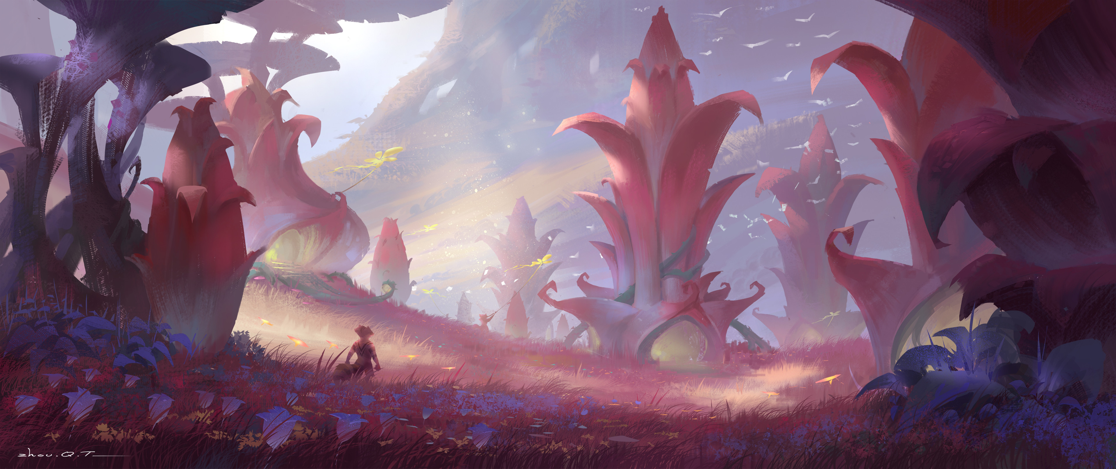 Fantasy landscape with giant alien plants and a person HD Wallpaper