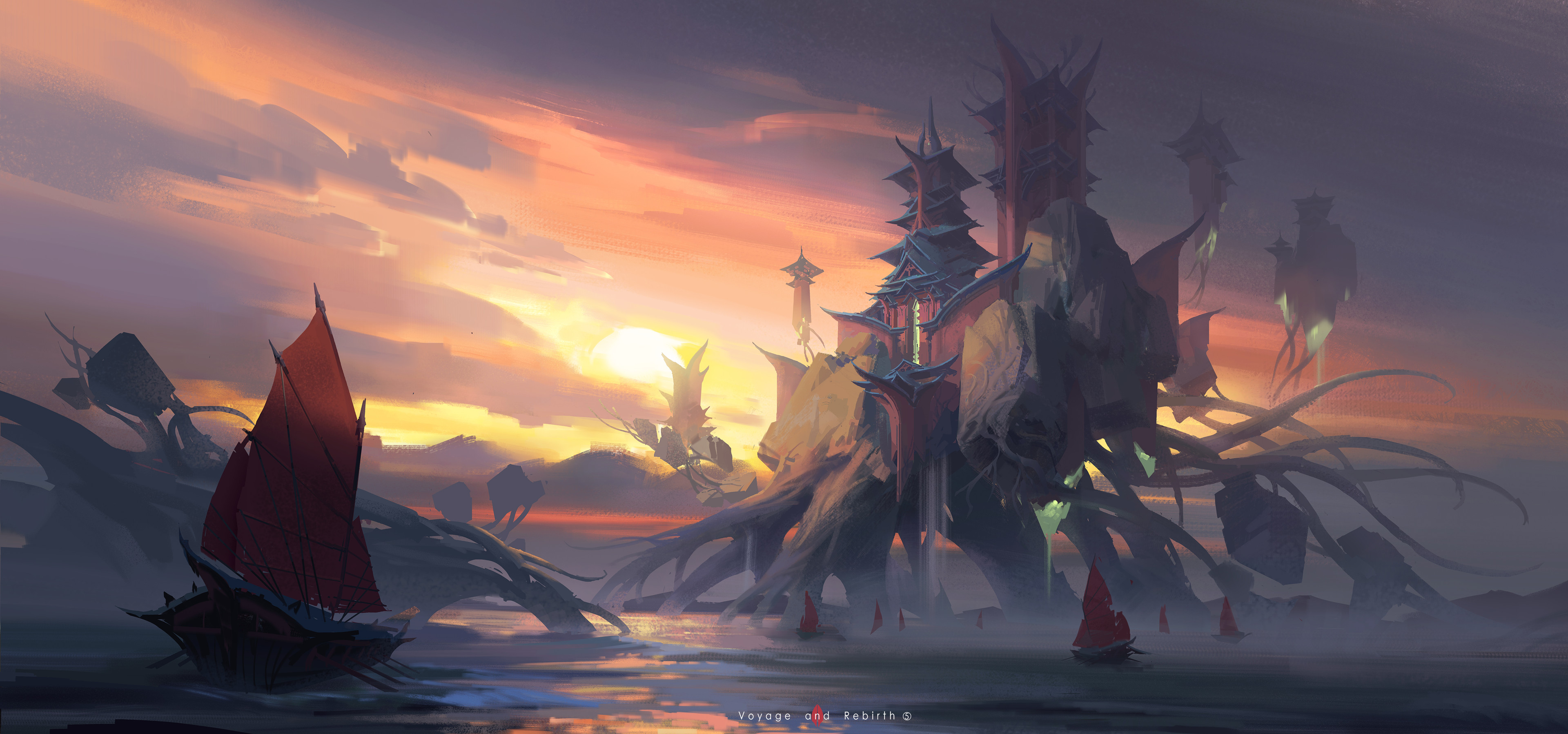 Fantasy Castle and Boats at Sunrise HD Wallpaper