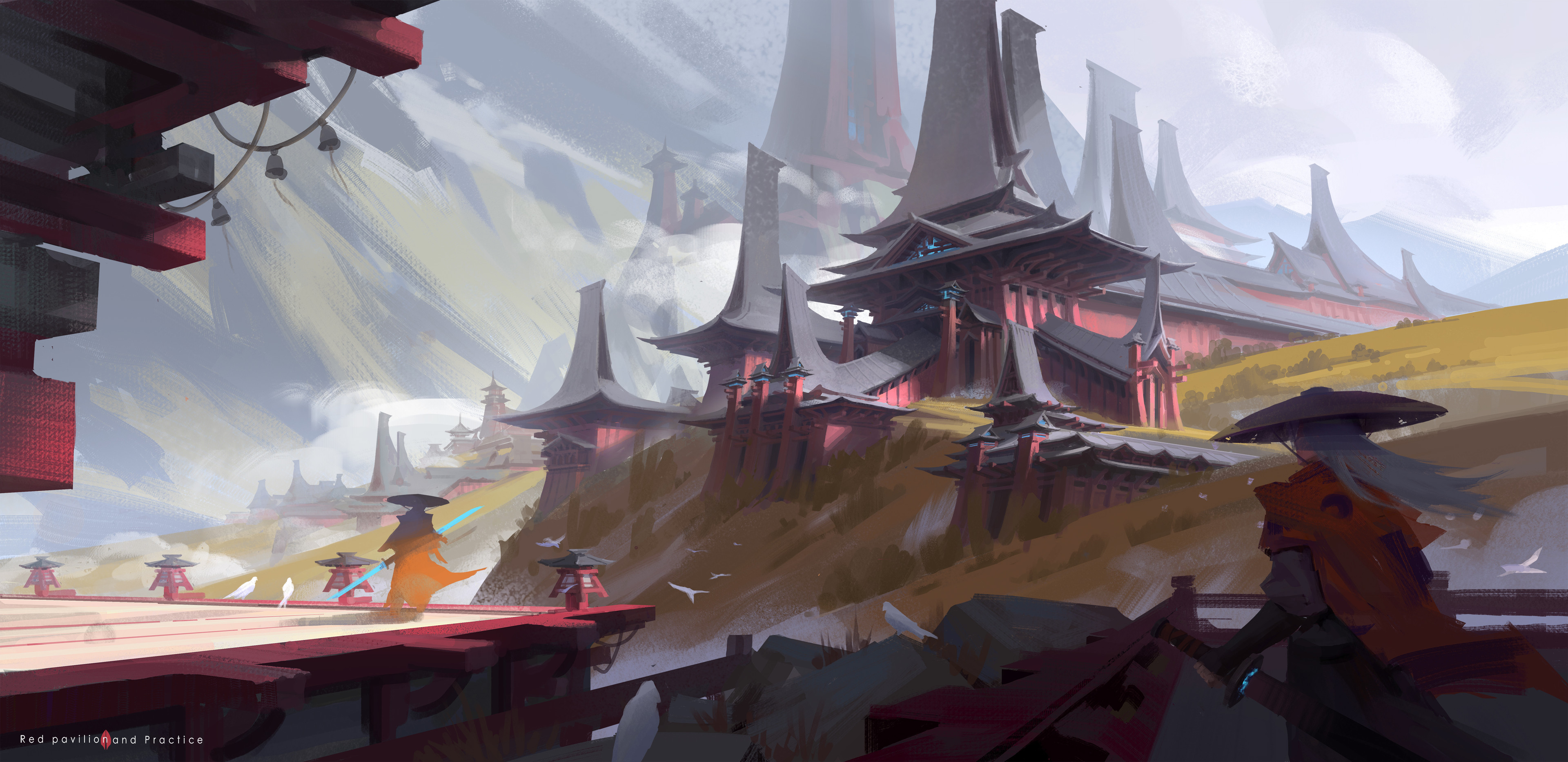 Fantasy Samurai Town with Red Pavilions HD Wallpaper