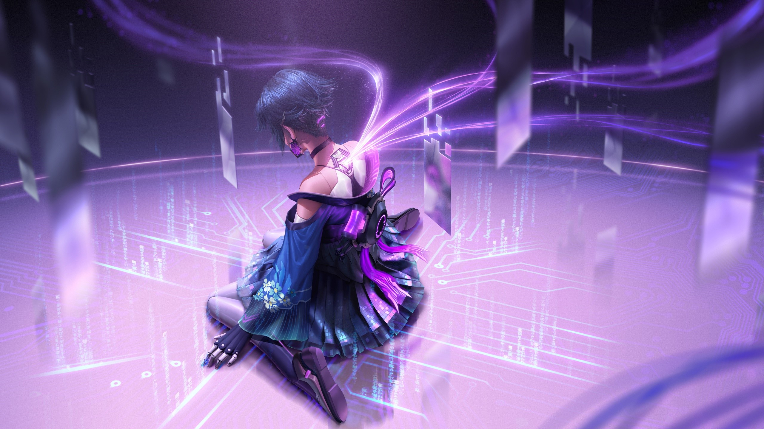 Cyberpunk girl with purple energy streams HD Wallpaper