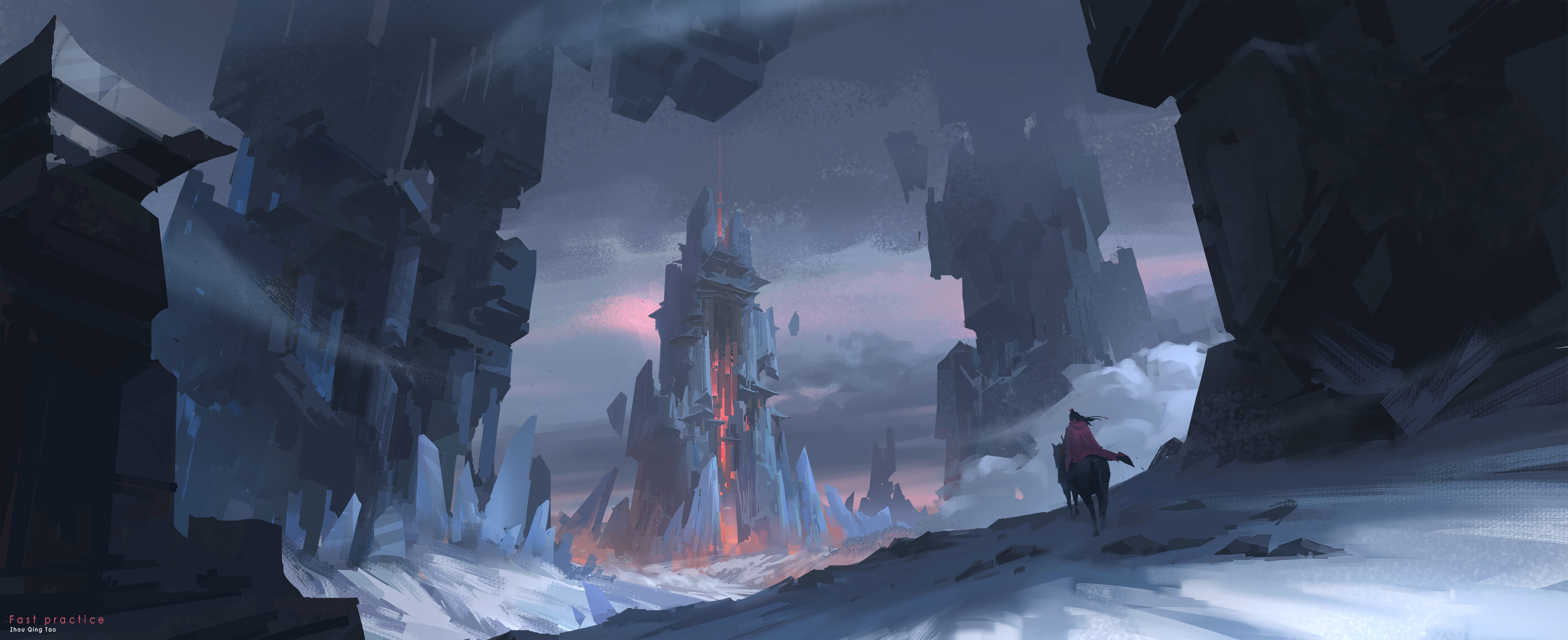 Fantasy castle with a rider in a snowy landscape HD Wallpaper