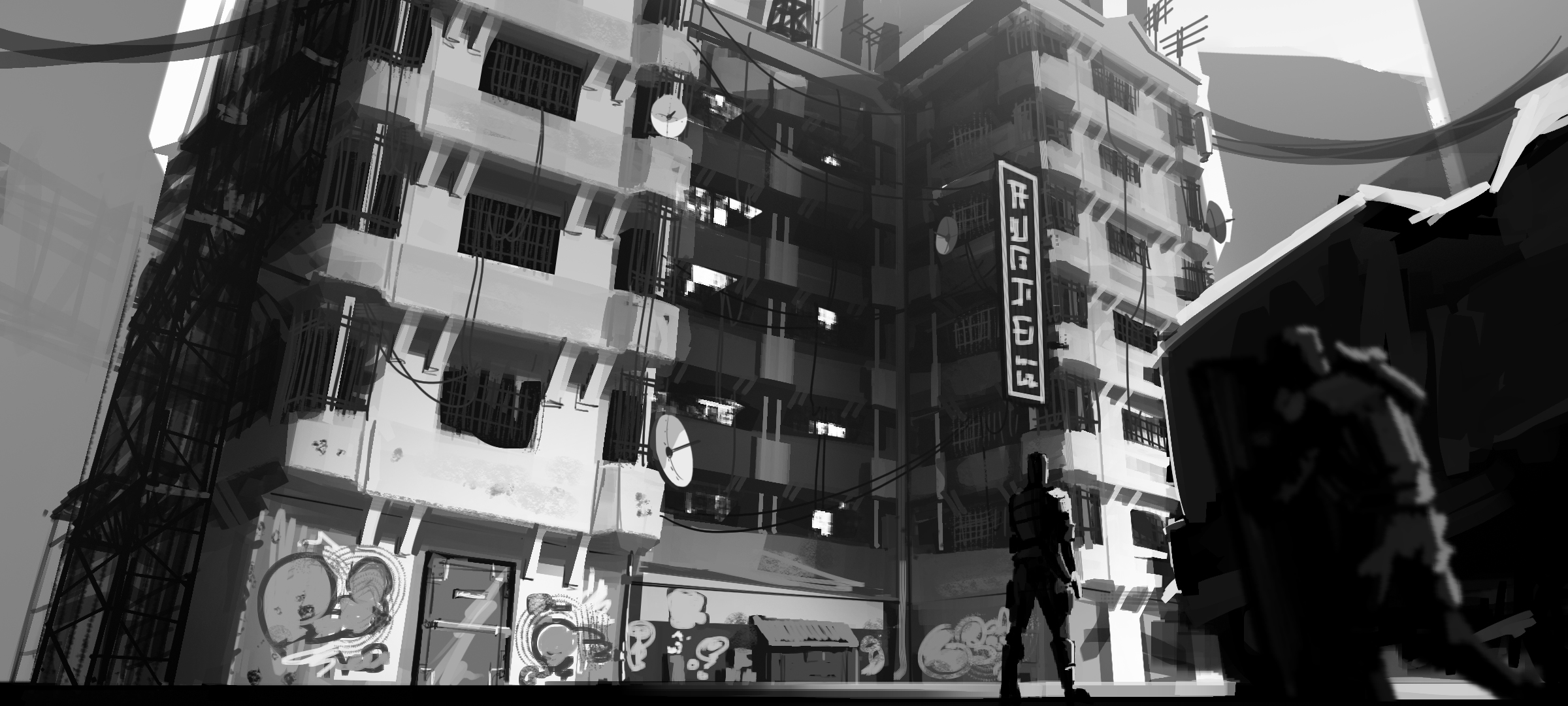 Due Process dystopian apartment building with graffiti HD Wallpaper