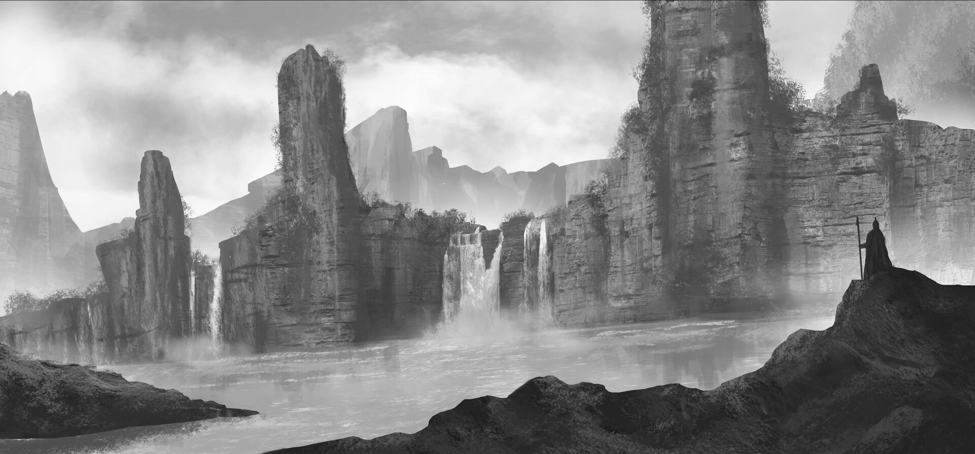 Artwork by Leonardo Carrasco: Monochrome Waterfall Landscape HD Wallpaper