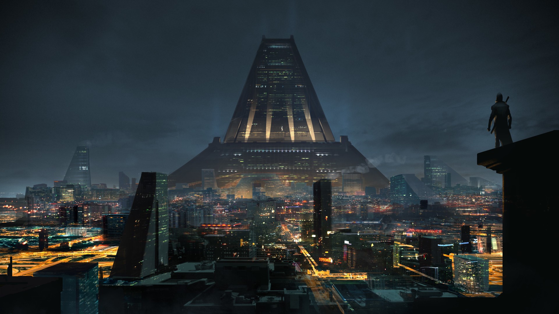 Futuristic city with pyramid-like skyscraper and lone figure HD Wallpaper