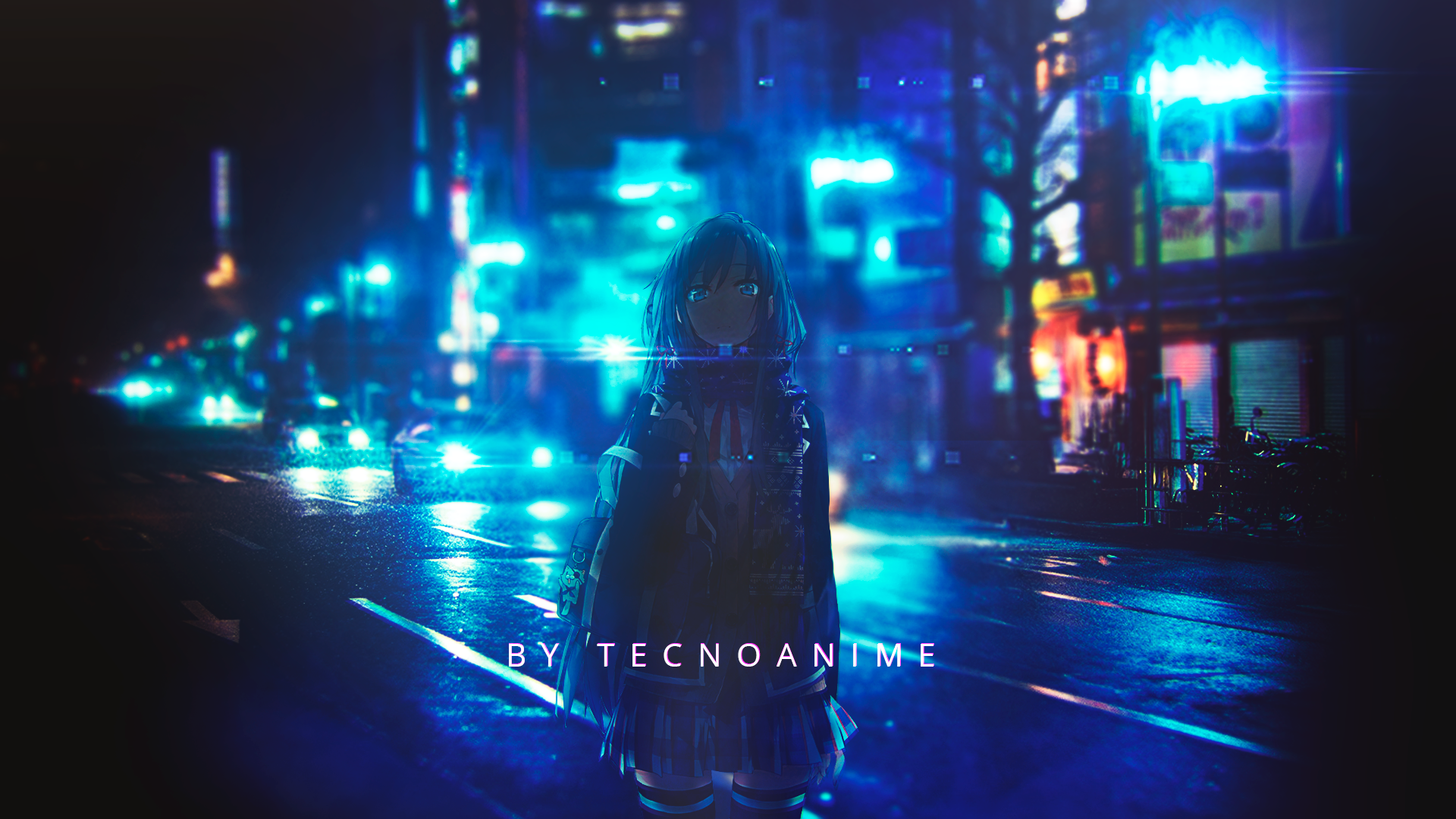 Anime girl in a rainy city at night HD Wallpaper