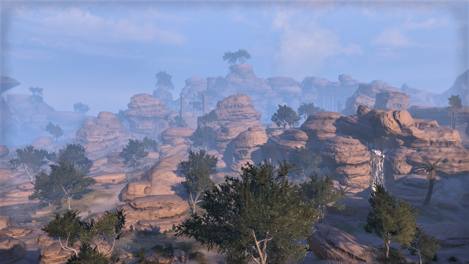 The Elder Scrolls Online desert landscape with rock formations and trees HD Wallpaper
