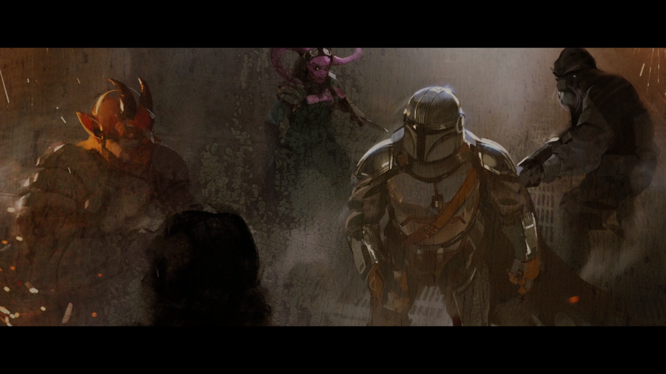 The Mandalorian and allies in a standoff HD Wallpaper