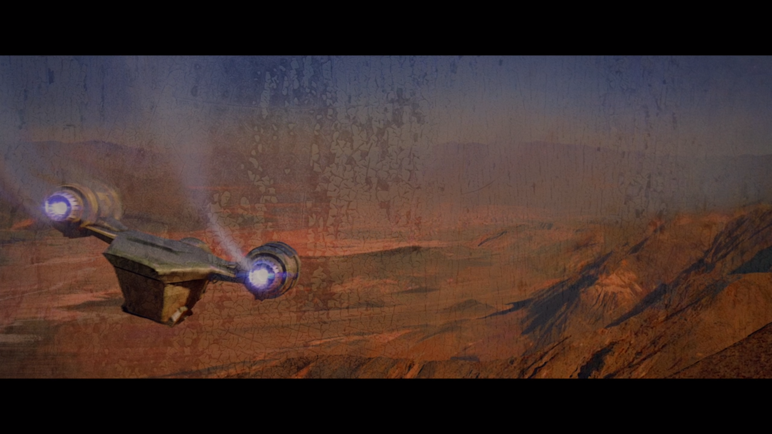 The Mandalorian's Razor Crest flying over a desert planet HD Wallpaper