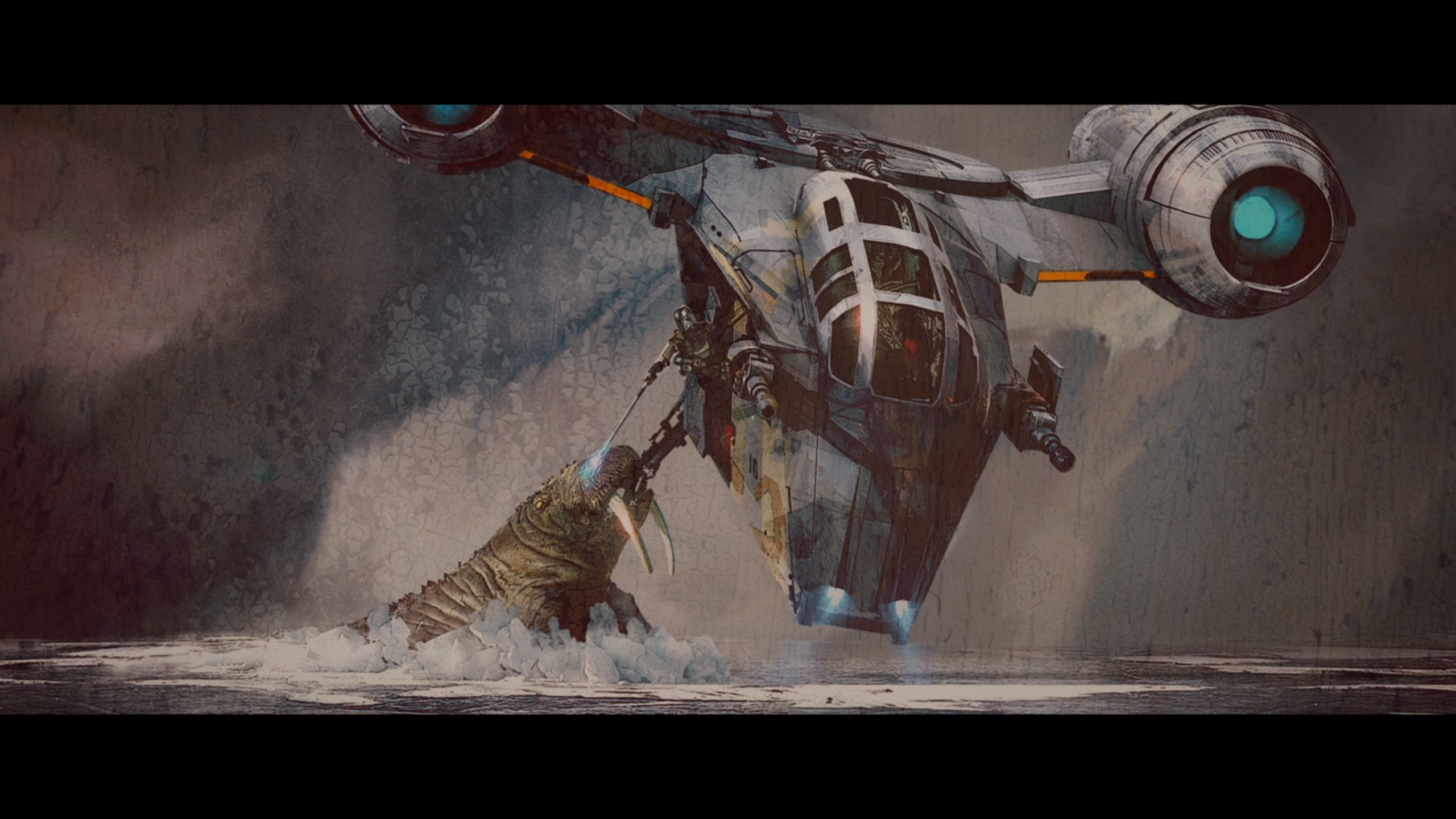 The Mandalorian and a creature near a spaceship HD Wallpaper