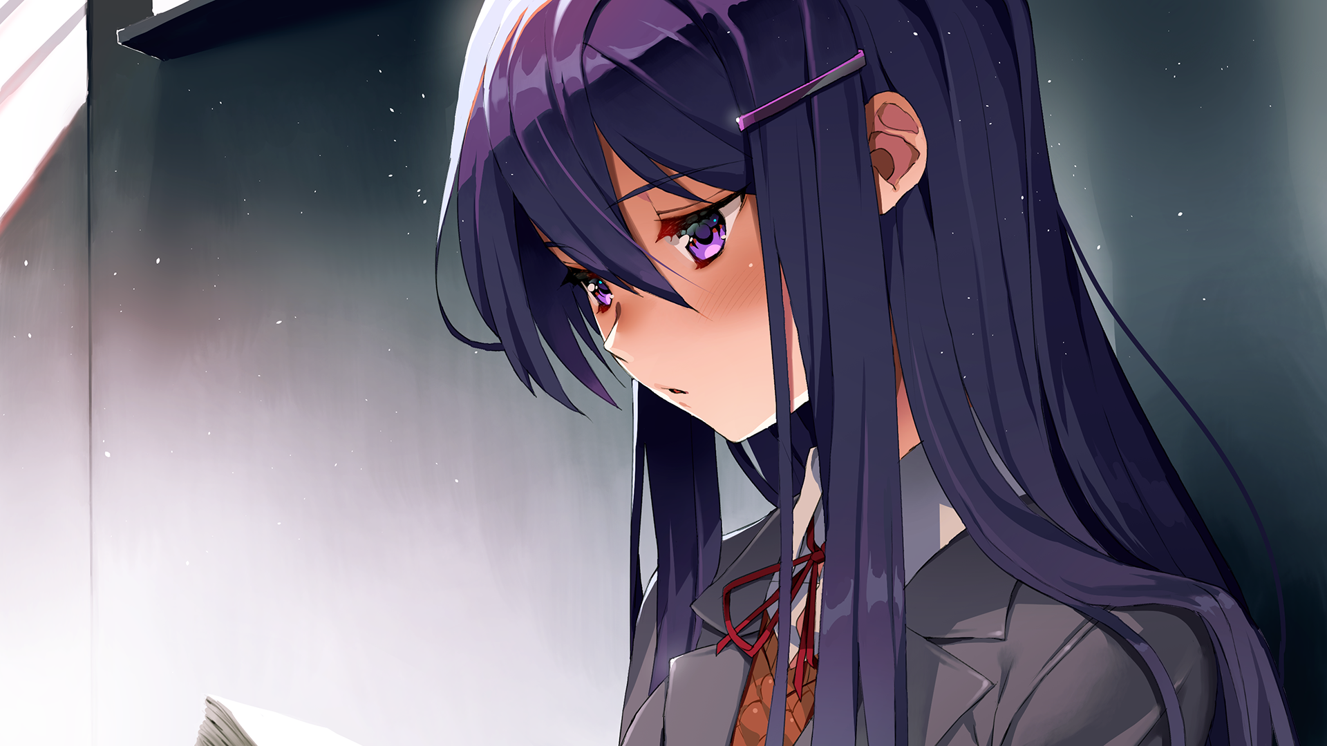 Yuri from Doki Doki Literature Club Reading HD Wallpaper