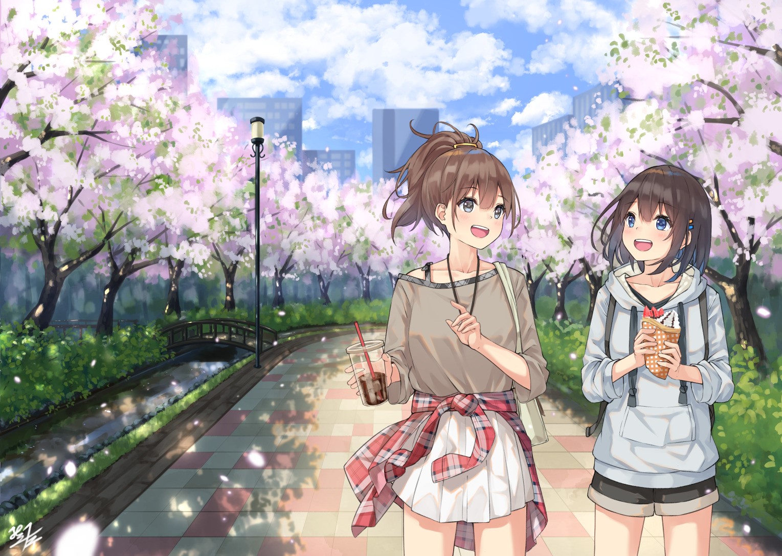 Anime girls walking under cherry blossoms HD Wallpaper