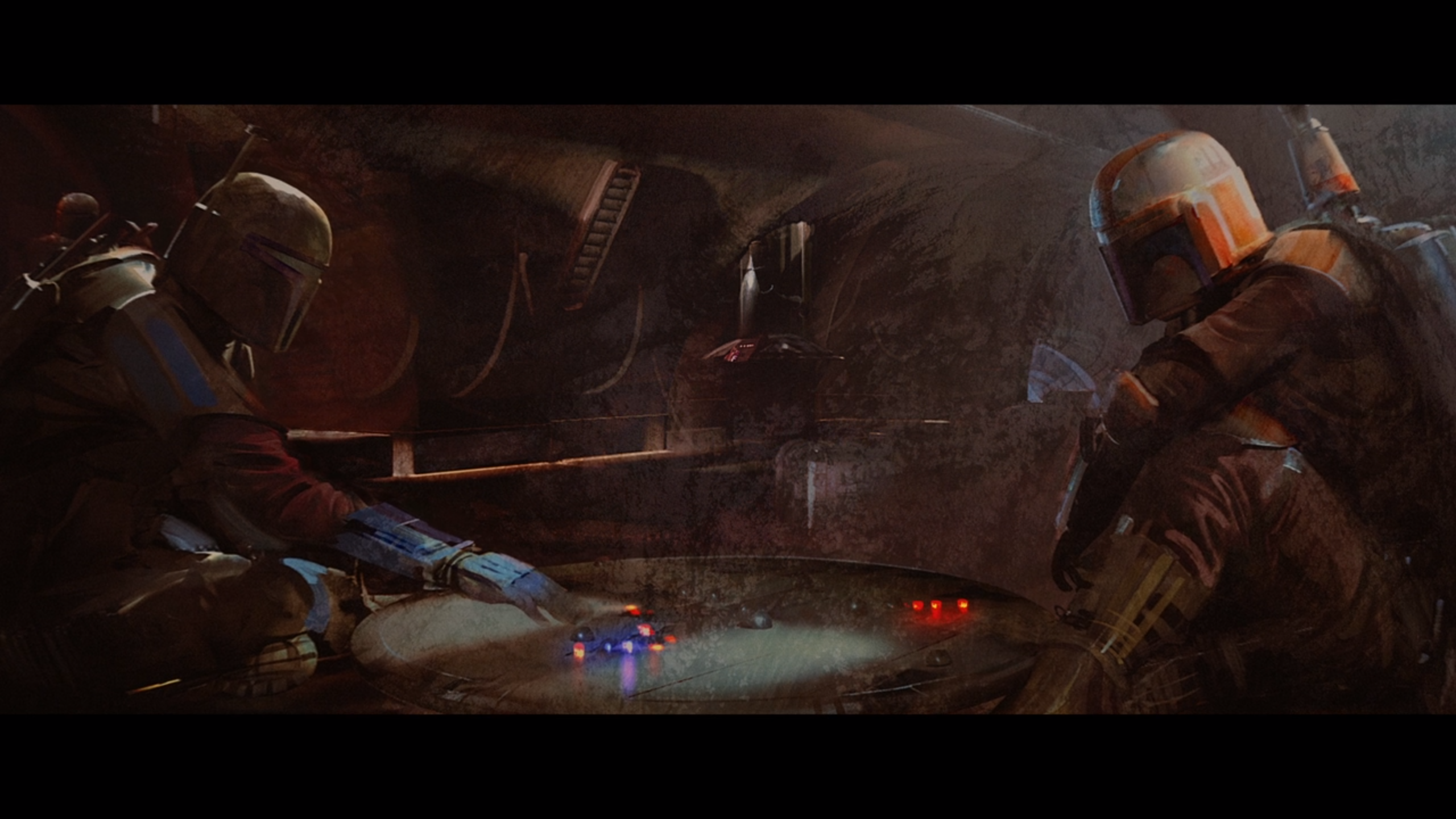 The Mandalorian and another Mandalorian in a dark room HD Wallpaper