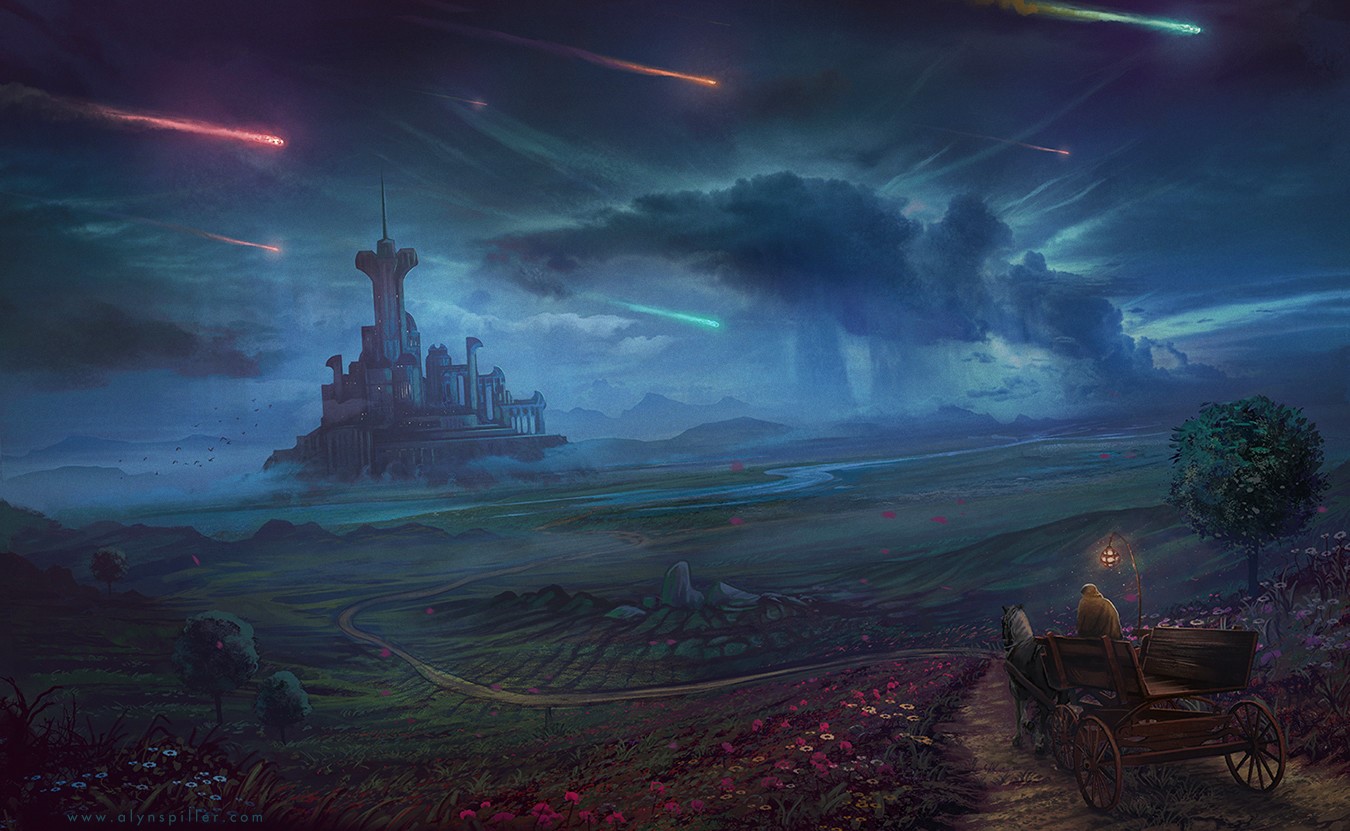 Fantasy castle with meteors and carriage HD Wallpaper