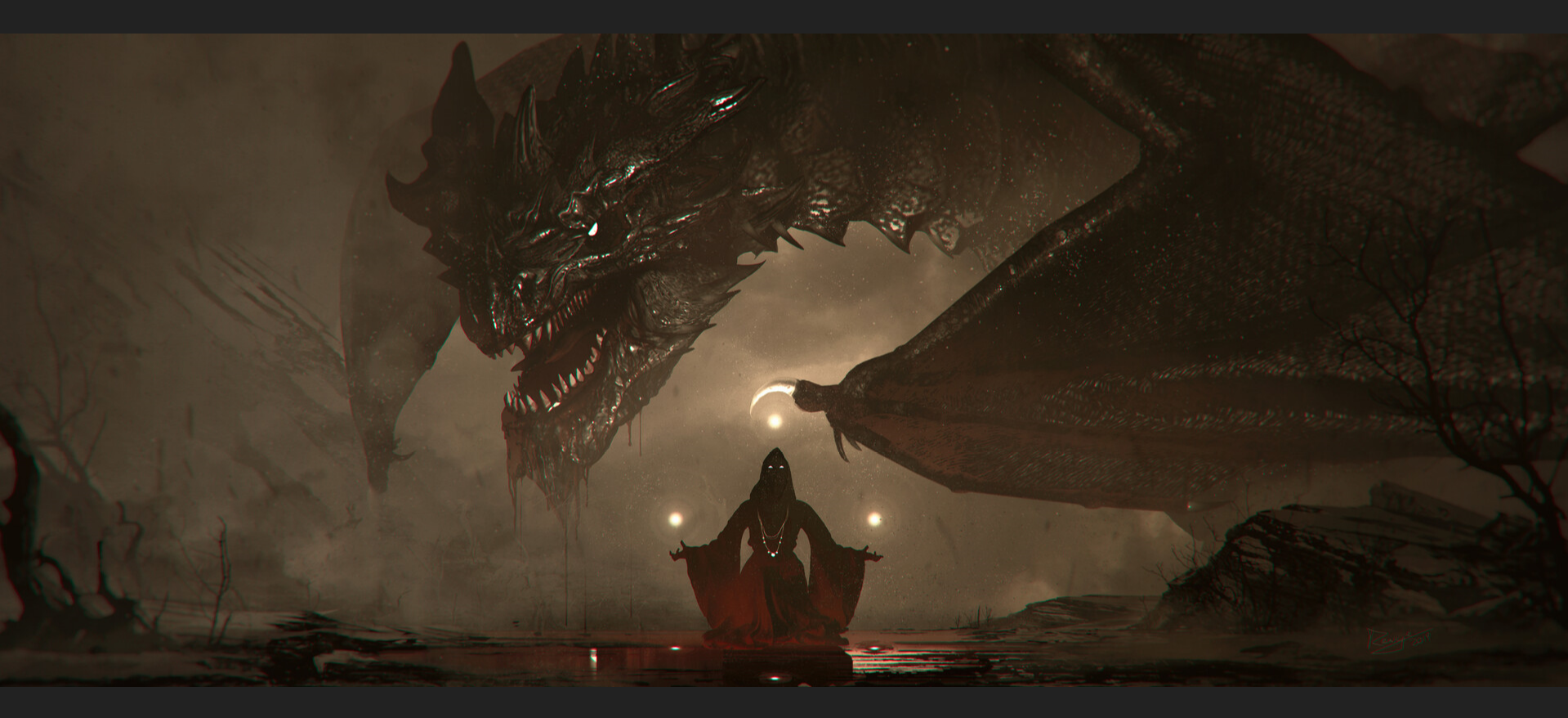 A dark dragon looms over a robed figure with orbs HD Wallpaper