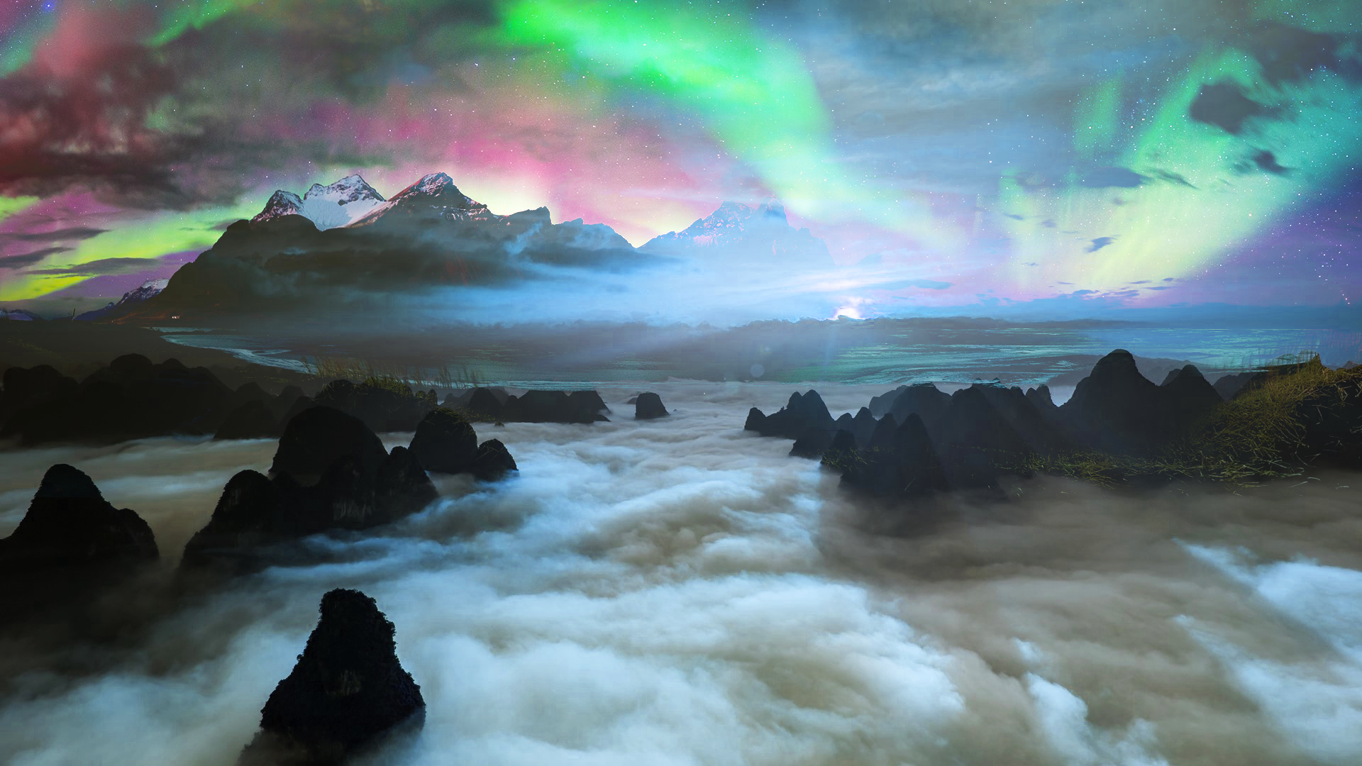 Mountains under Aurora Borealis with clouds HD Wallpaper