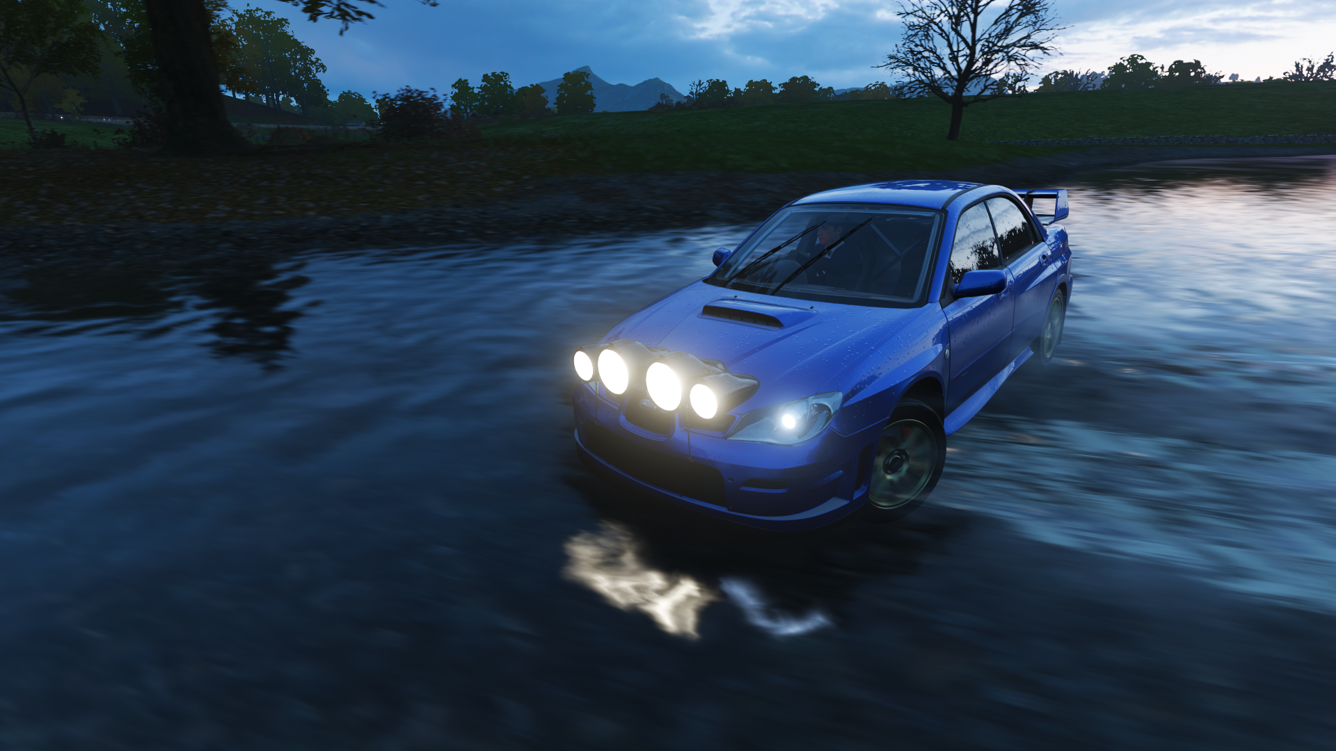 Blue Subaru Impreza WRX STI driving through water in Forza Horizon 4 HD Wallpaper