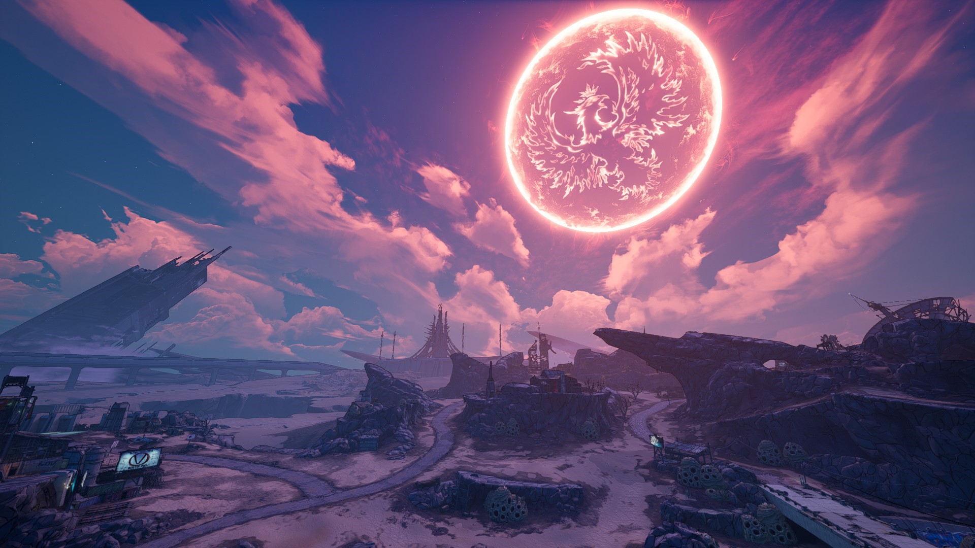 Borderlands 3 alien planet landscape with large sun HD Wallpaper
