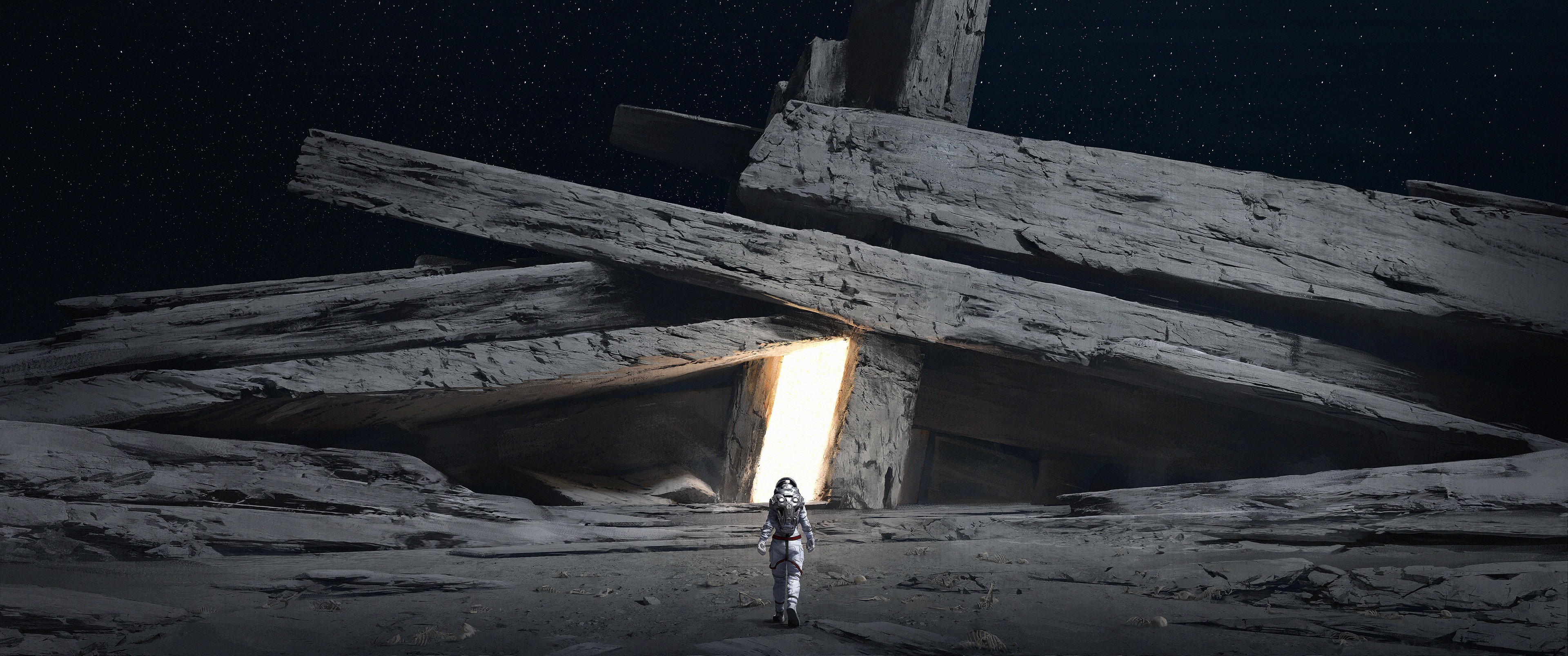 Astronaut approaching glowing portal in alien landscape HD Wallpaper