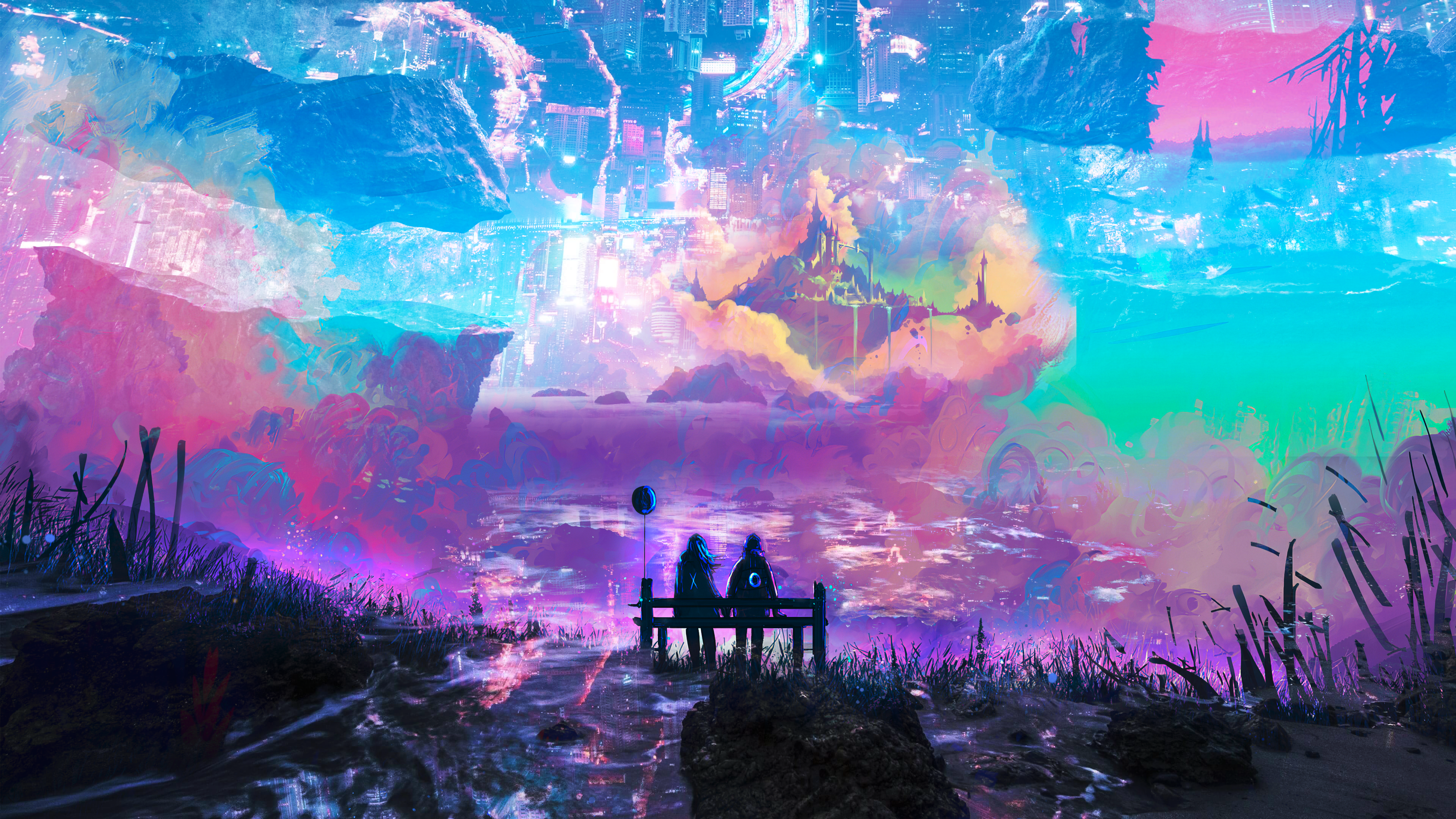 4K Fantasy Landscape with Couple and Floating City HD Wallpaper