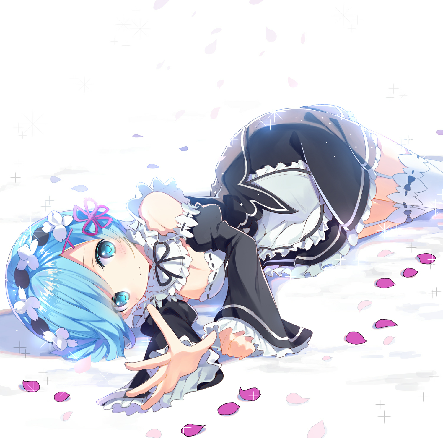 Rem from Re:Zero lying down with petals HD Wallpaper