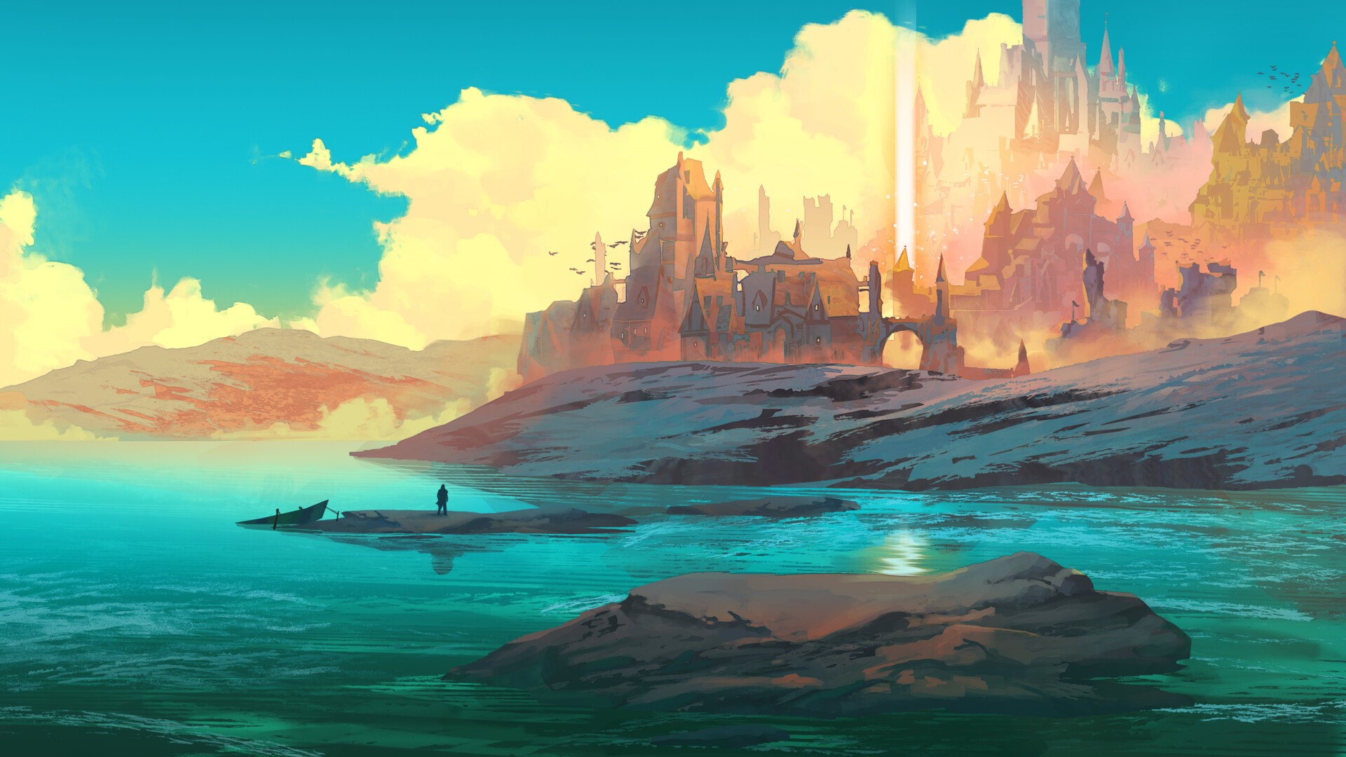 Fantasy castle on a rocky shore with a lone figure HD Wallpaper