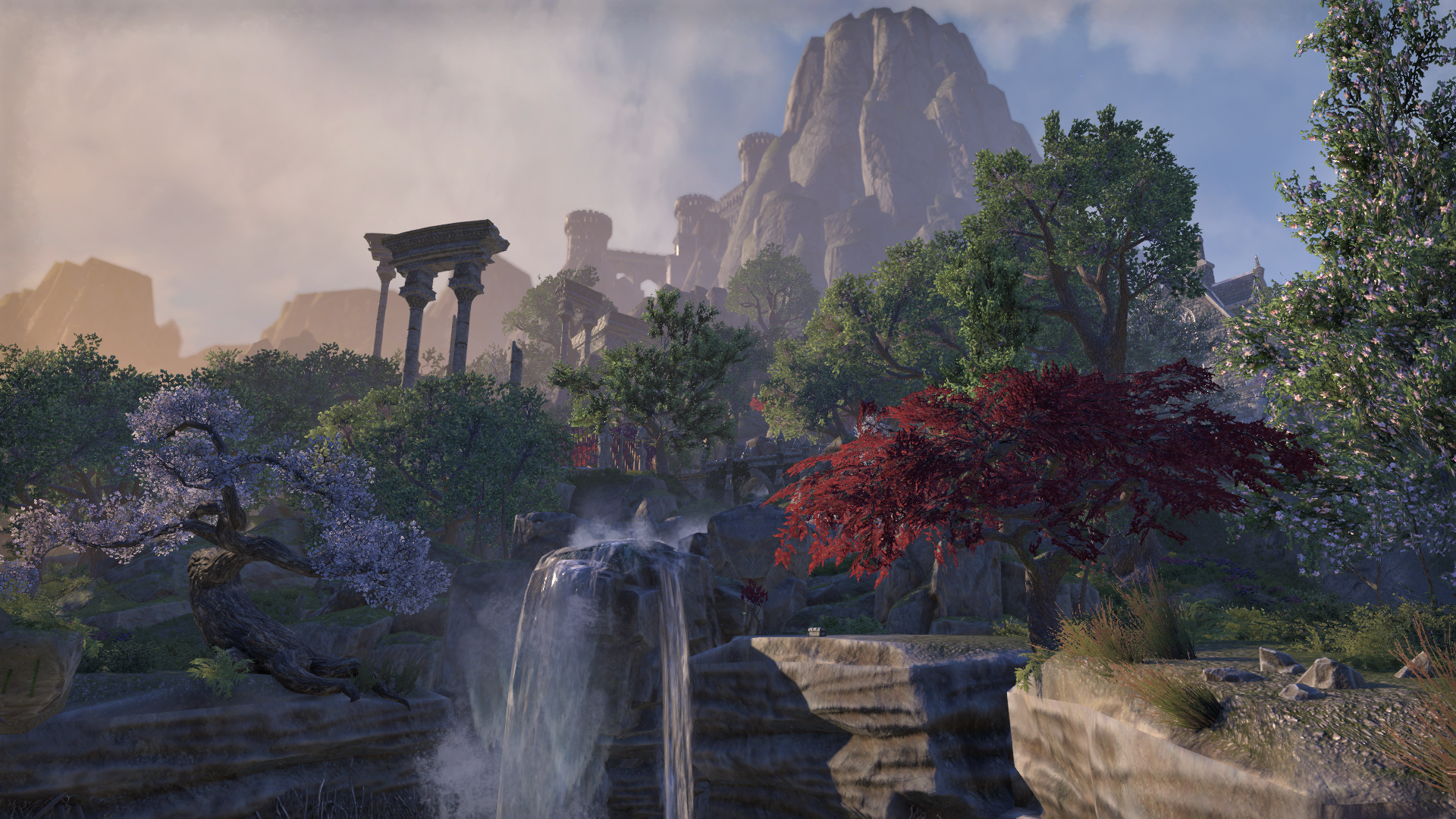 The Elder Scrolls Online landscape with ruins and waterfall HD Wallpaper