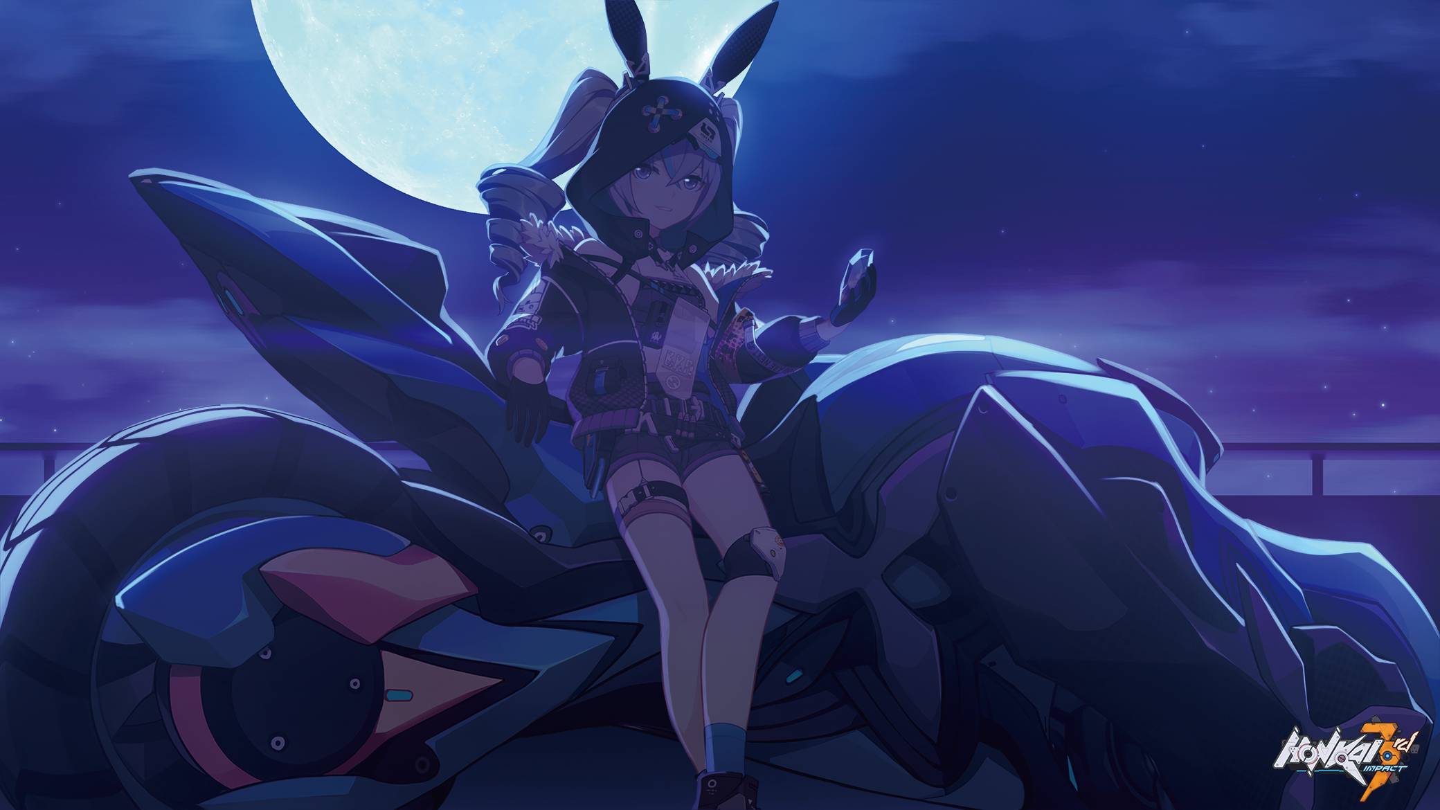 Bronya Zaychik sits on a futuristic motorcycle under the moon HD Wallpaper