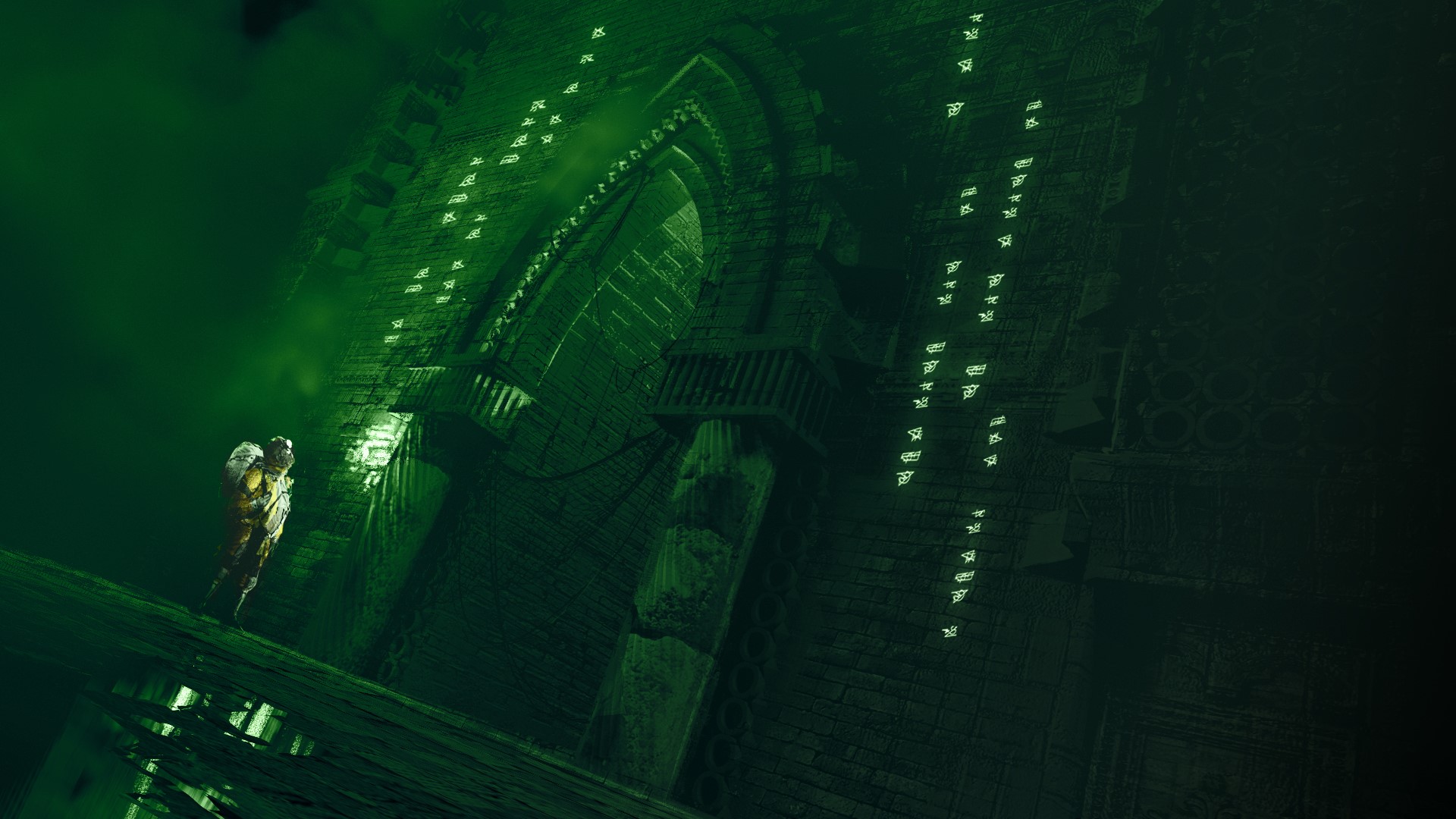 Guillaume Hochart in a dark, green, ancient structure HD Wallpaper