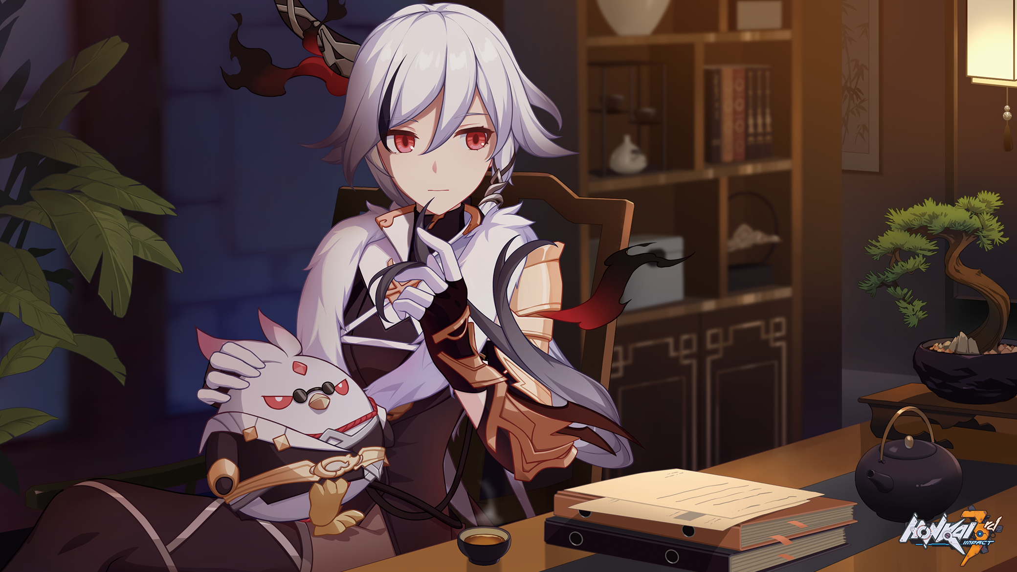 Fu Hua Herrscher of Sentience sitting at a desk HD Wallpaper