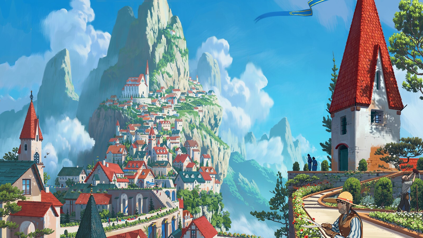Digital art of a mountain village with towers and clouds HD Wallpaper