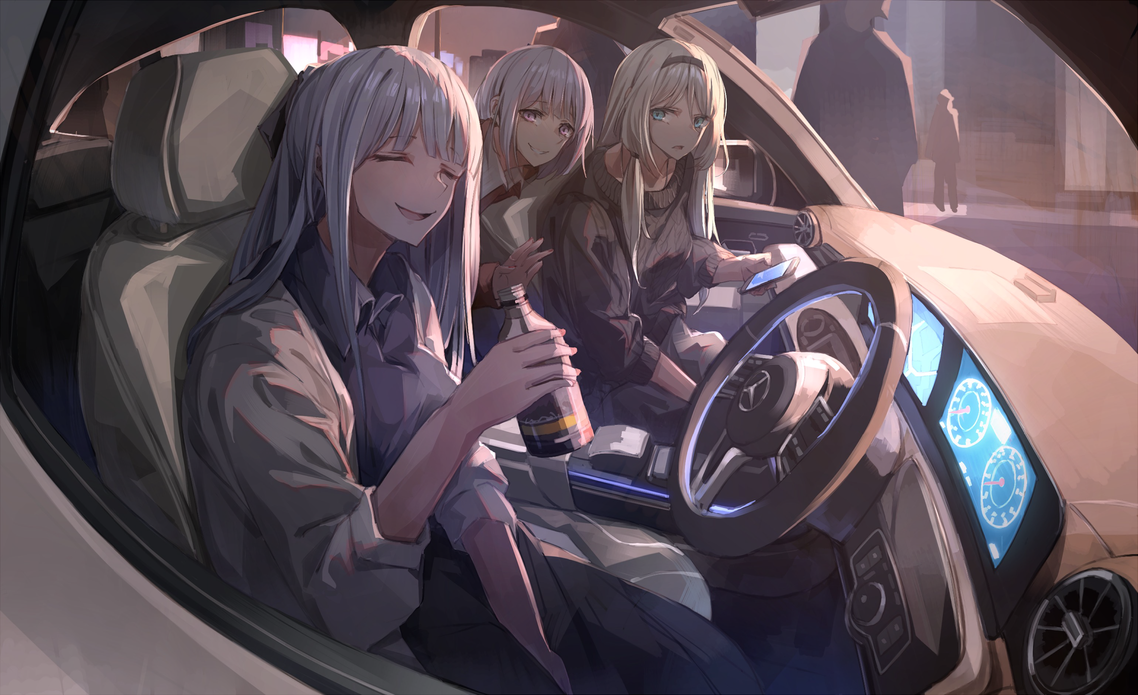 Anime girls in a Mercedes-Benz car interior HD Wallpaper