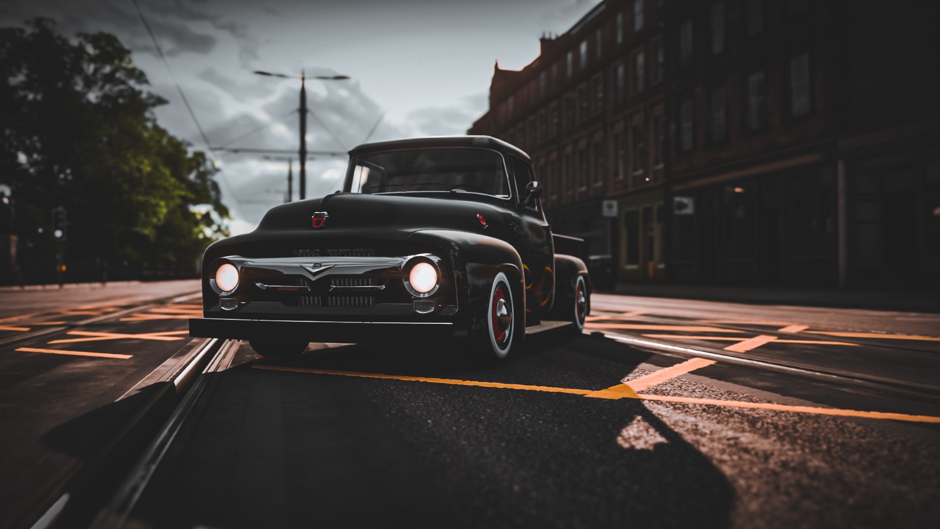 Black Ford F100 Pickup Truck on Tram Tracks HD Wallpaper