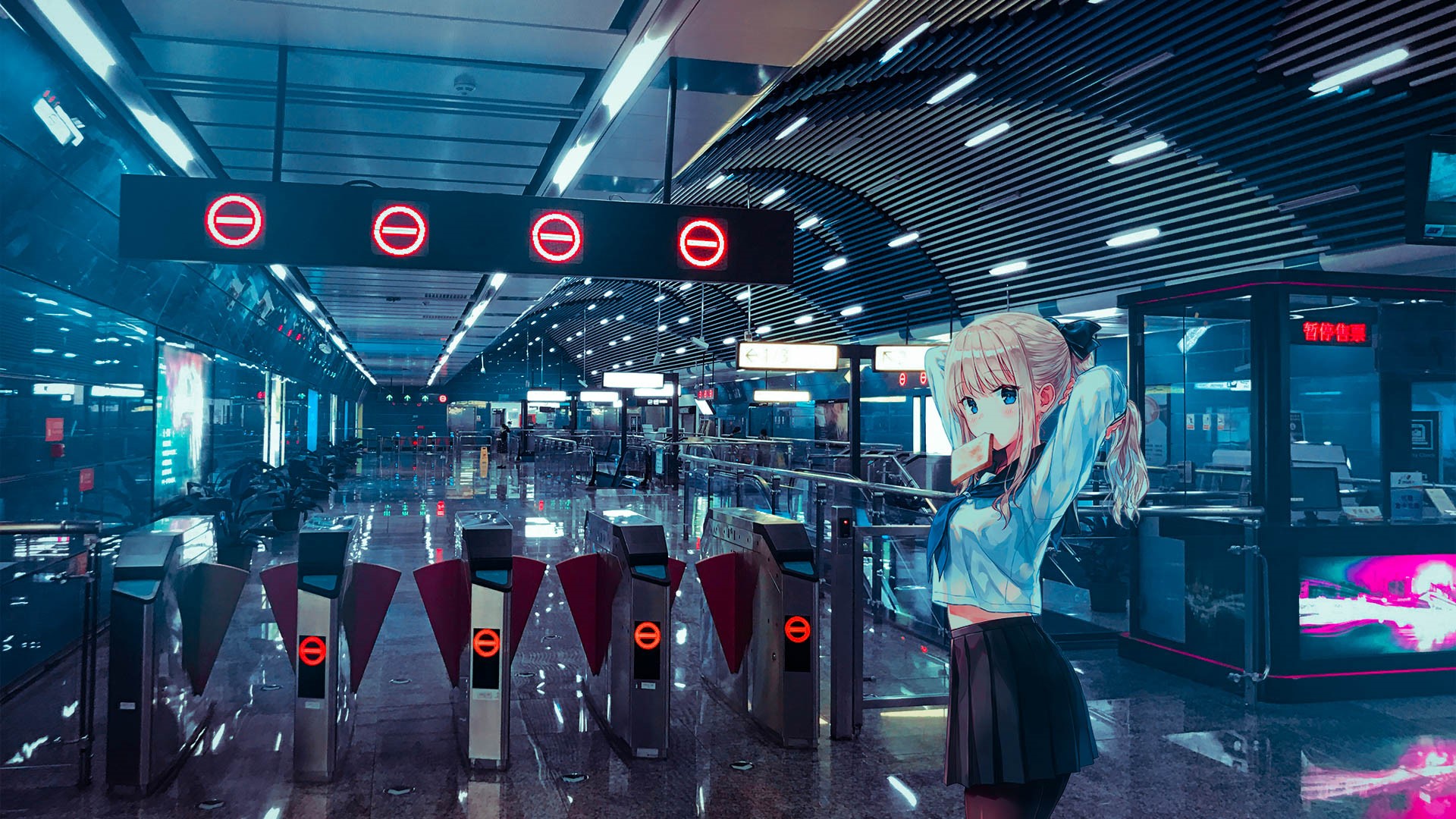 Anime girl in a train station HD Wallpaper