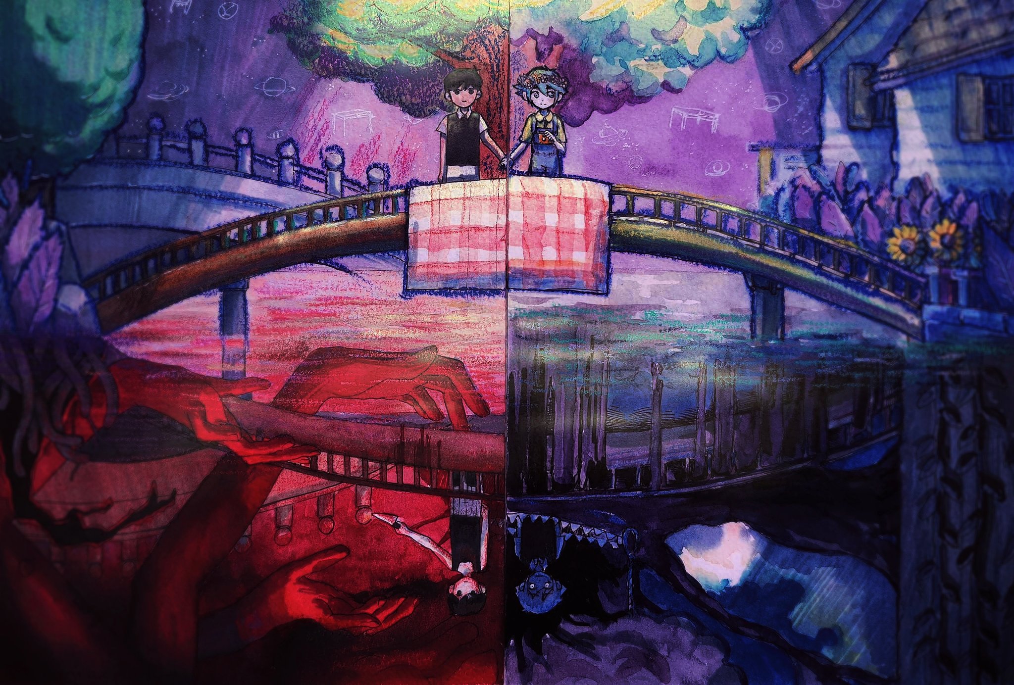 Omori and Basil on a bridge with a split reality HD Wallpaper