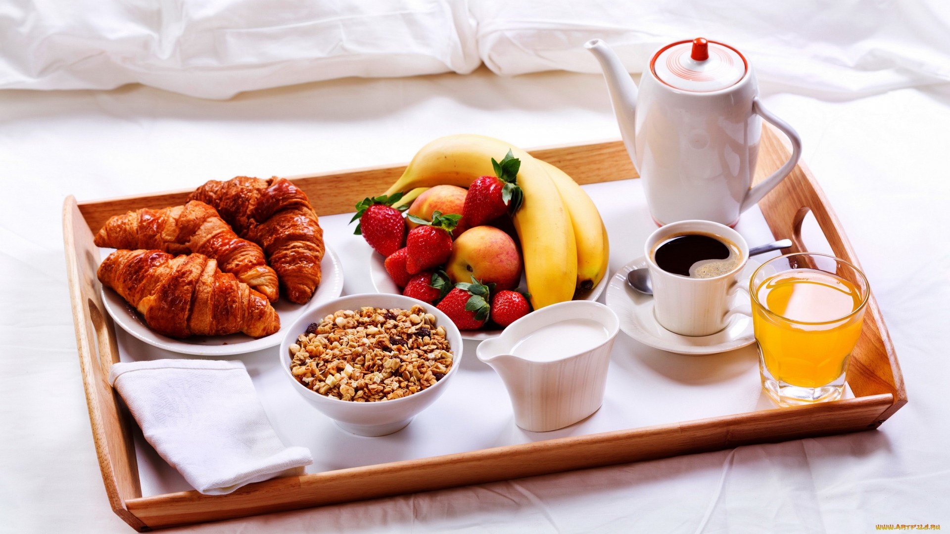 Breakfast tray with croissants, fruit, coffee, and juice HD Wallpaper