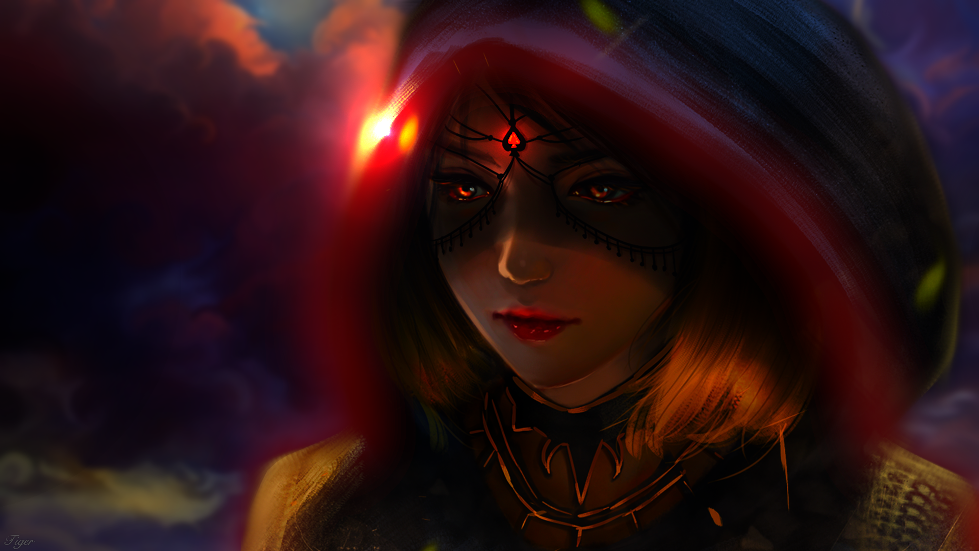 Anime artwork of a woman with a red hood and mask HD Wallpaper