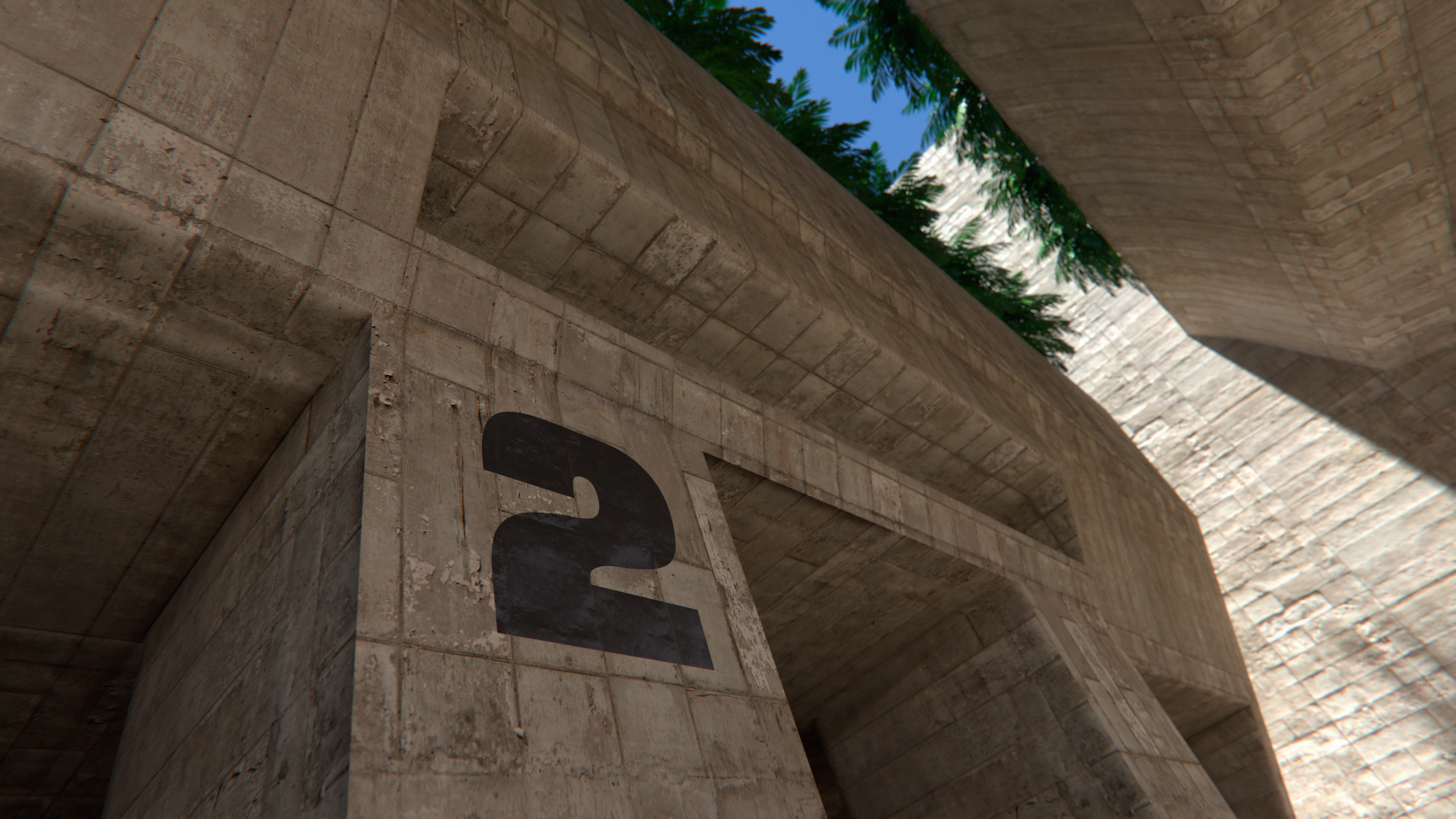 Brutalist concrete building with number 2 HD Wallpaper