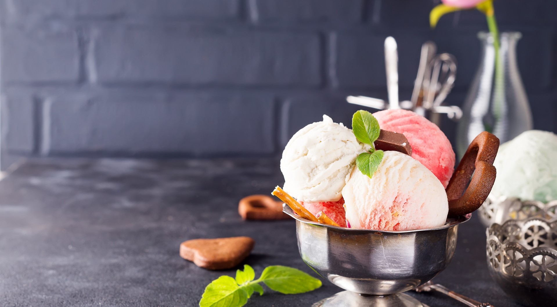 Assorted ice cream scoops in a silver bowl with cookies HD Wallpaper