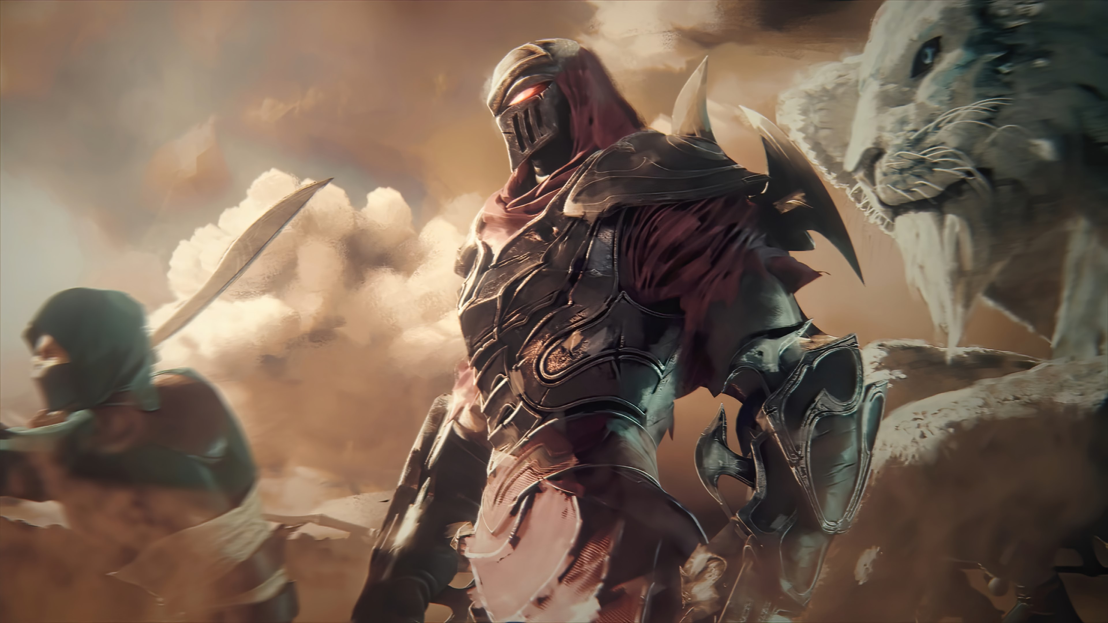 Zed from League of Legends and a white saber-toothed cat HD Wallpaper