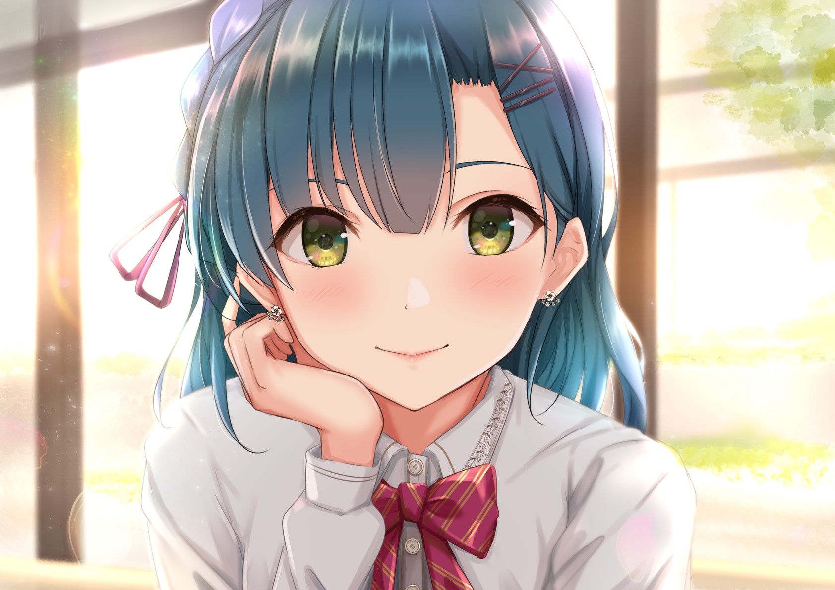 Anime girl with blue hair smiling HD Wallpaper
