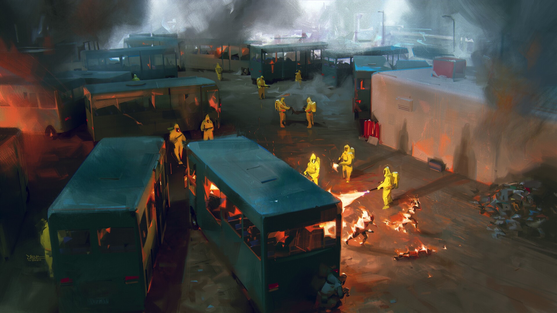 Hazmat suits fighting zombies with flamethrowers in post-apocalyptic city HD Wallpaper