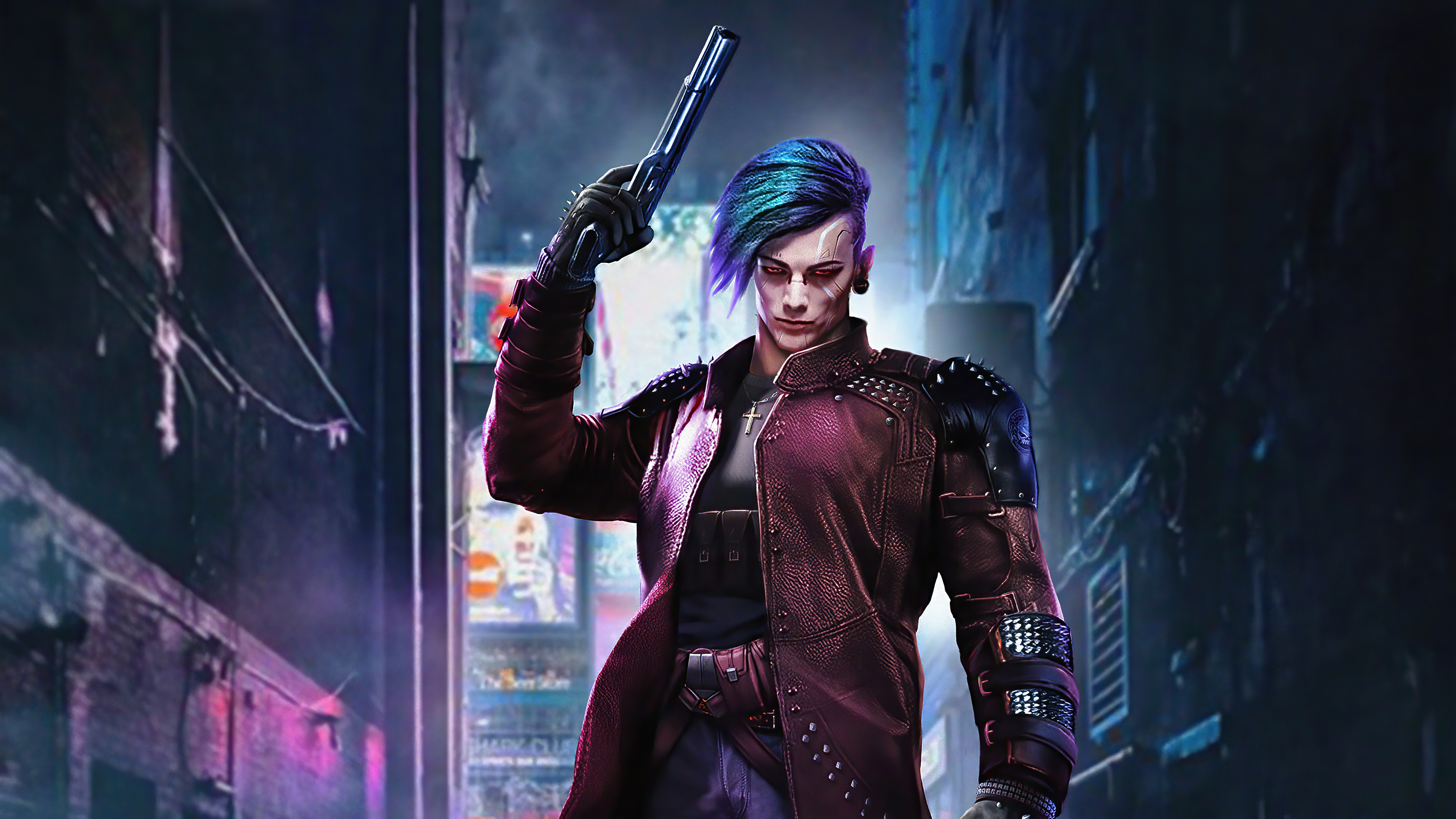 Sci Fi Cyborg Man with Blue Hair Holding a Gun HD Wallpaper