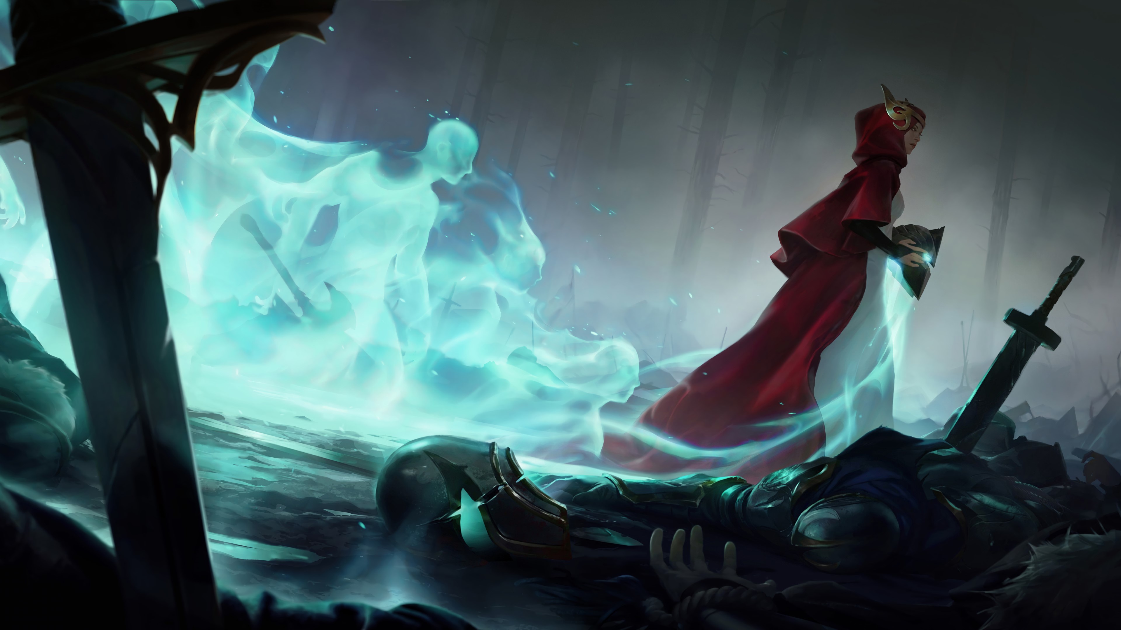 Spirits and a figure in red from Legends of Runeterra HD Wallpaper