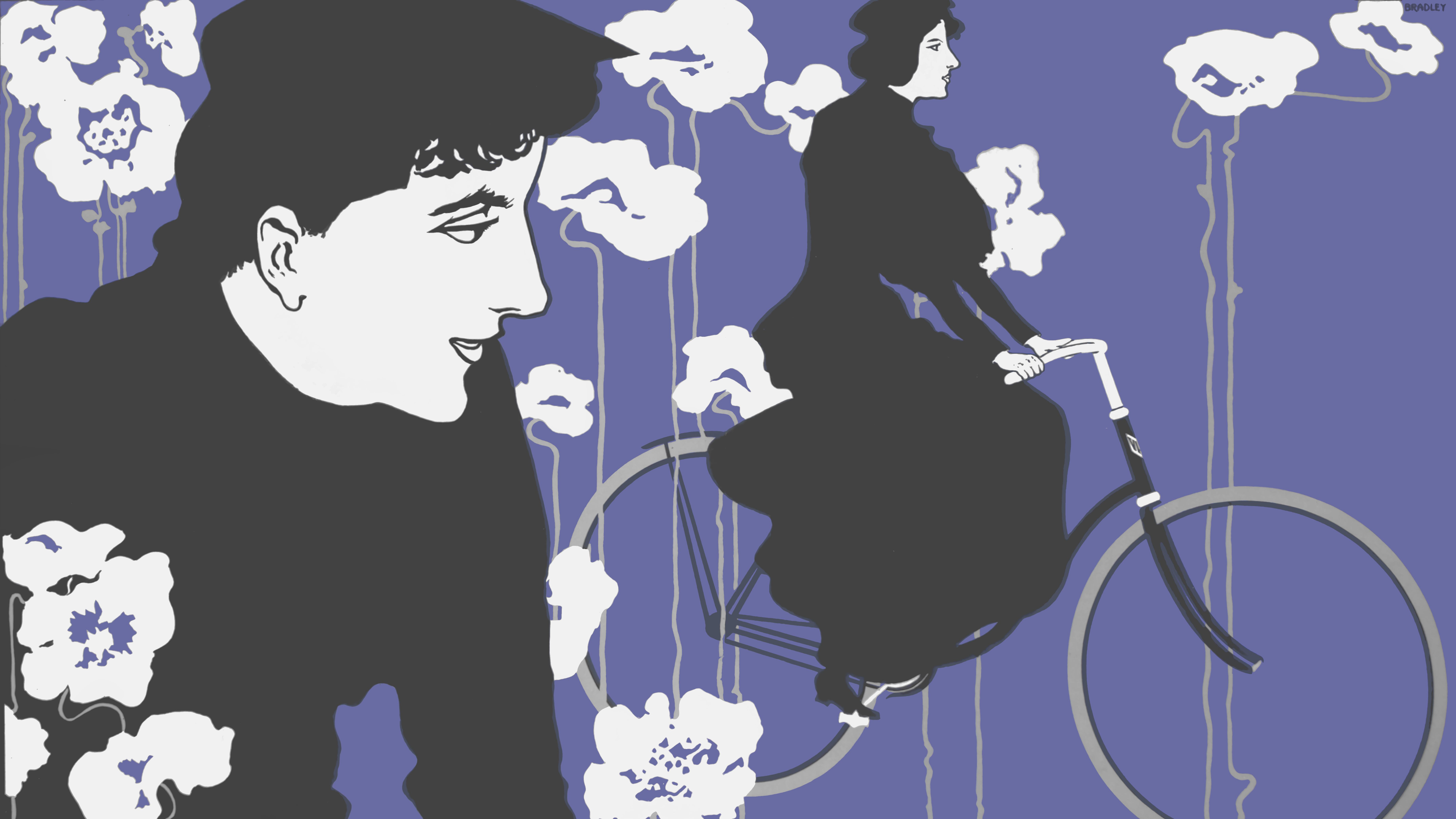 Artwork of women with bicycles and flowers HD Wallpaper