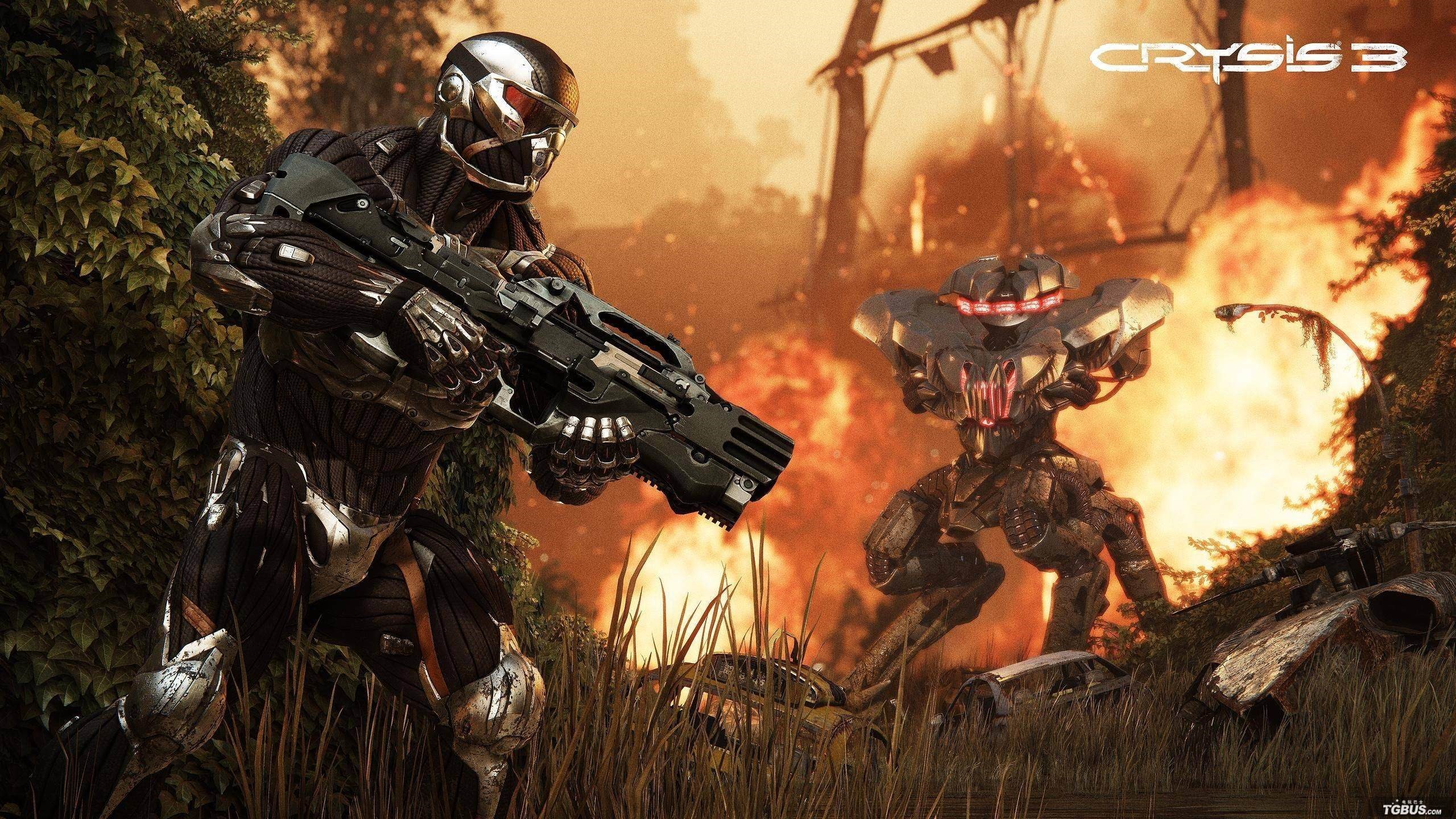 Crysis 3 soldier and alien robot in fire HD Wallpaper