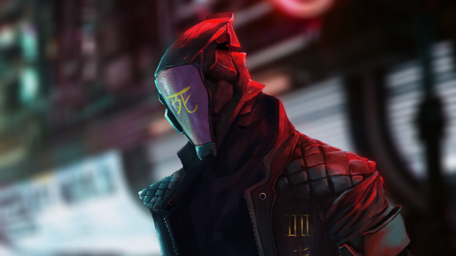 Cyberpunk character with Japanese symbol on mask HD Wallpaper