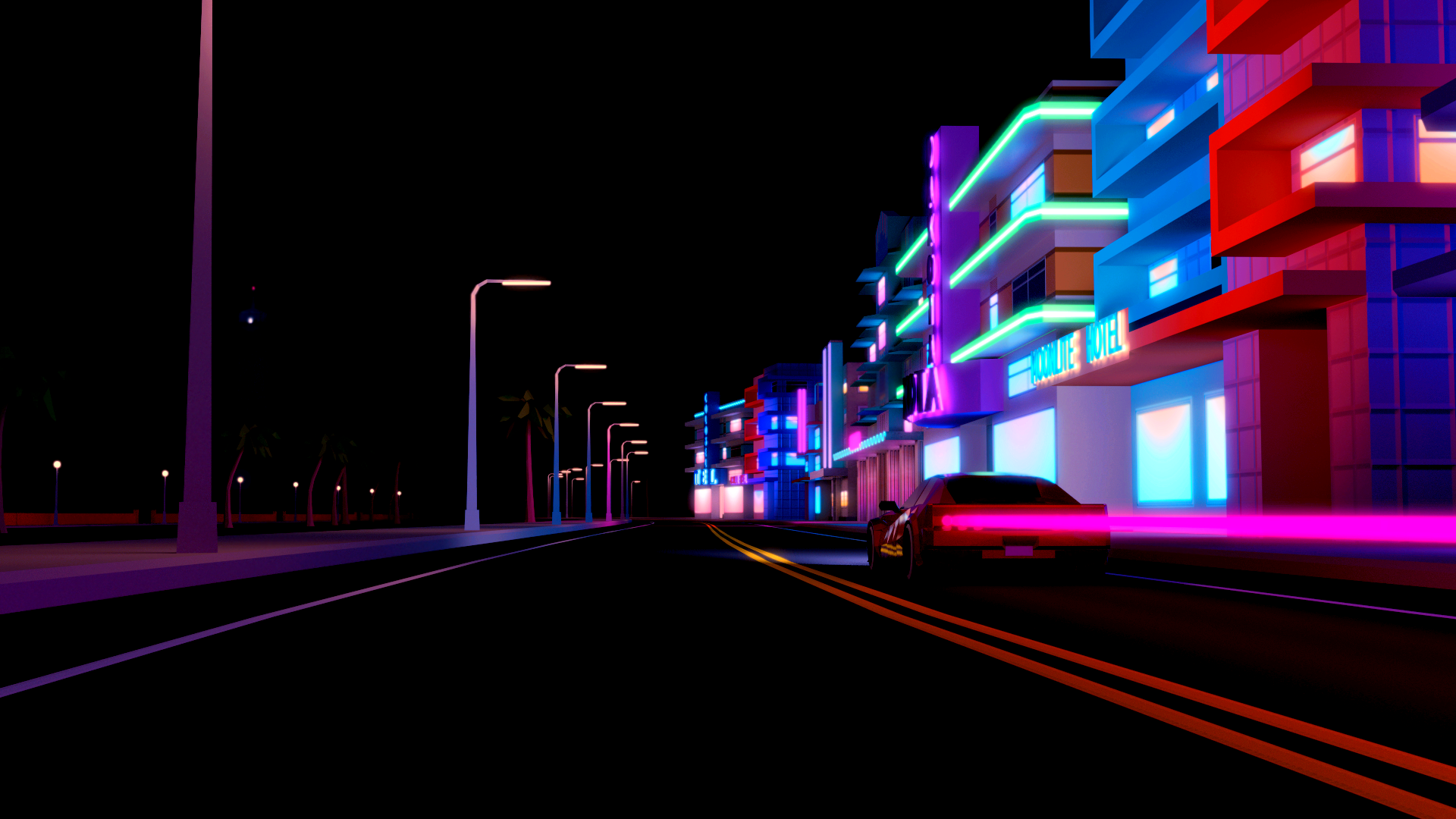 Neon city street at night with a car HD Wallpaper