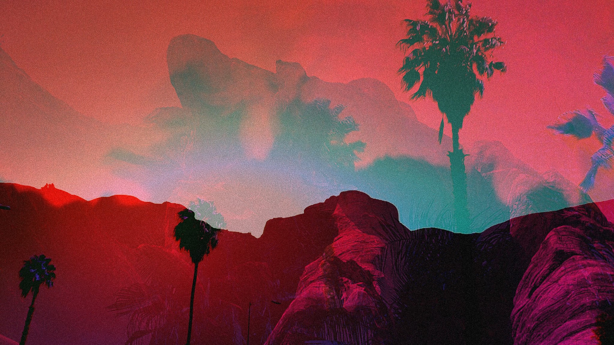 Vaporwave landscape with palm trees and rocks HD Wallpaper