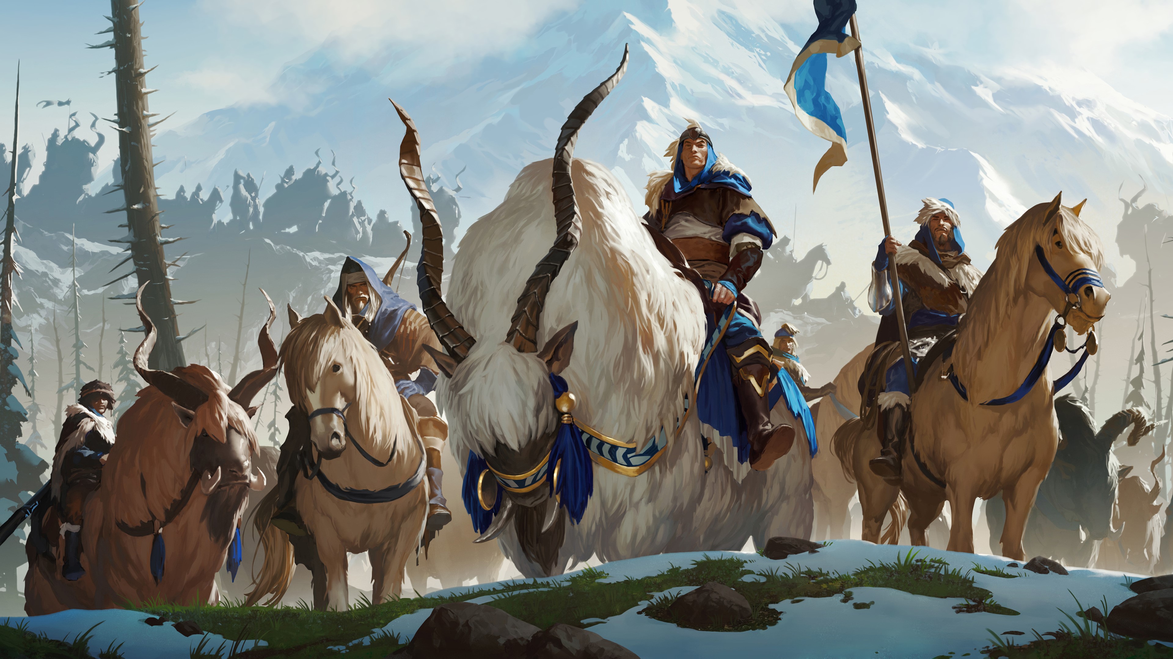 4K Fantasy Art of a Caravan in a Snowy Mountain Landscape HD Wallpaper