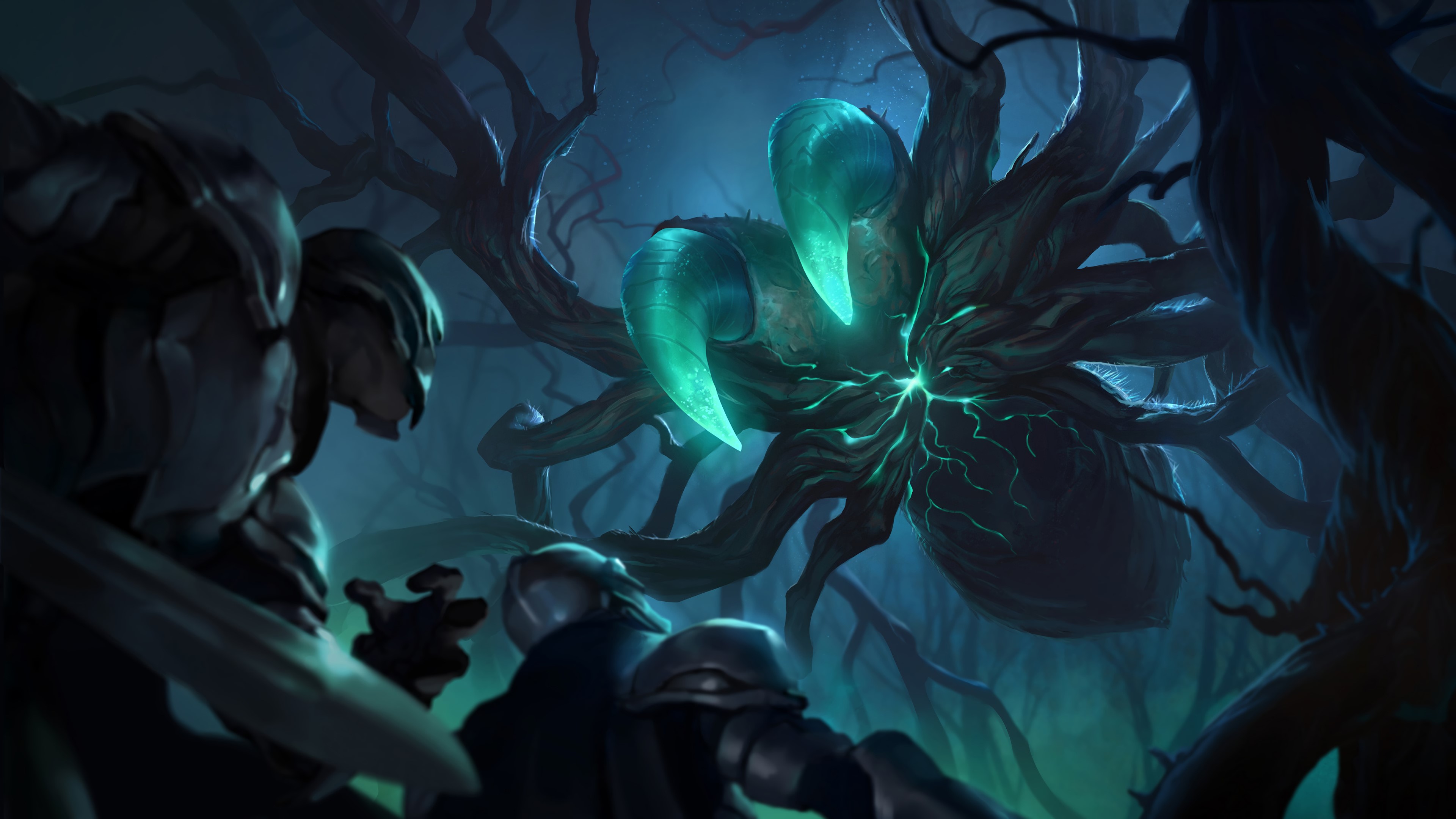 Creature and warriors in a dark forest HD Wallpaper